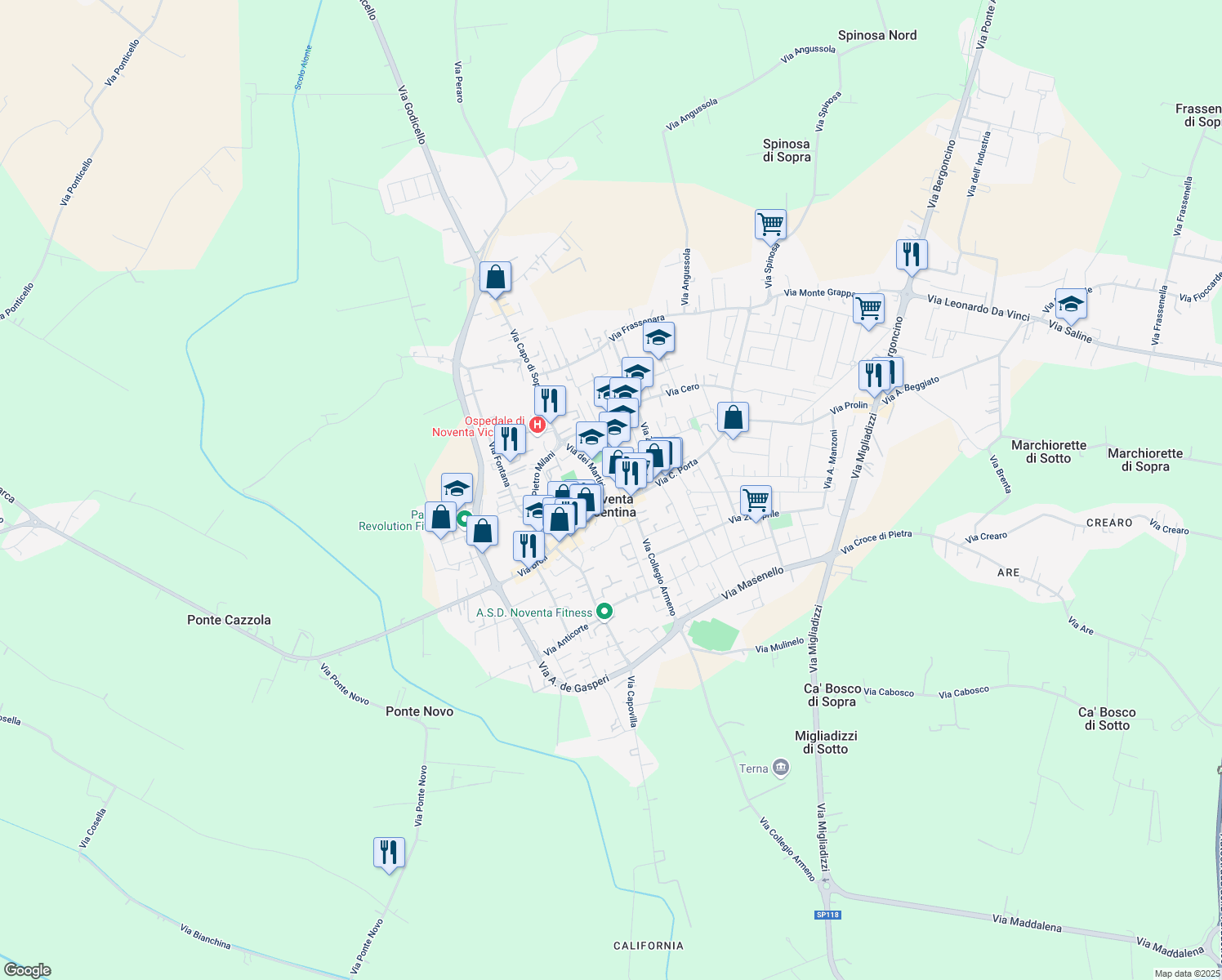 map of restaurants, bars, coffee shops, grocery stores, and more near Via C. Porta in Noventa Vicentina