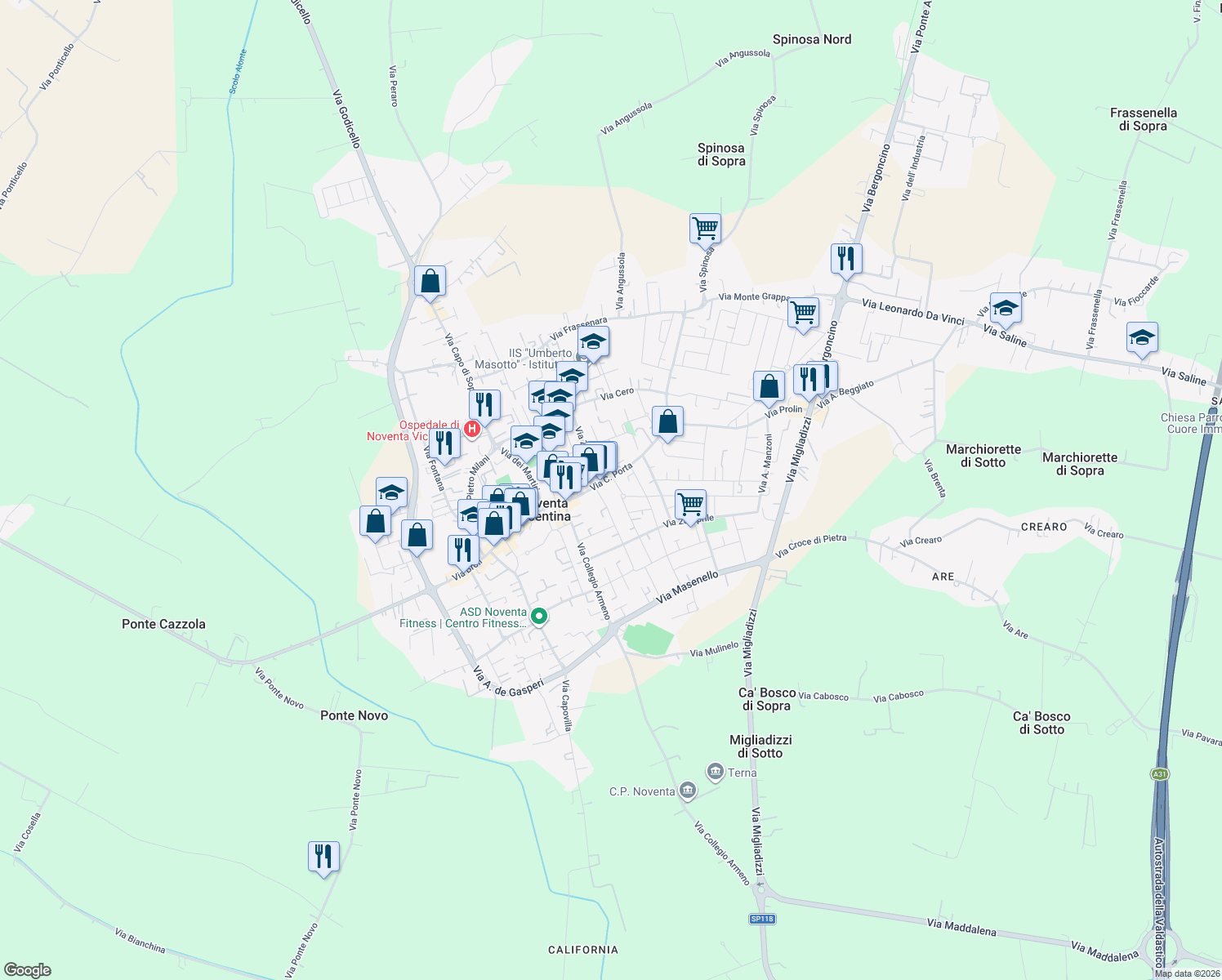 map of restaurants, bars, coffee shops, grocery stores, and more near 12 Via Ungheria in Noventa Vicentina