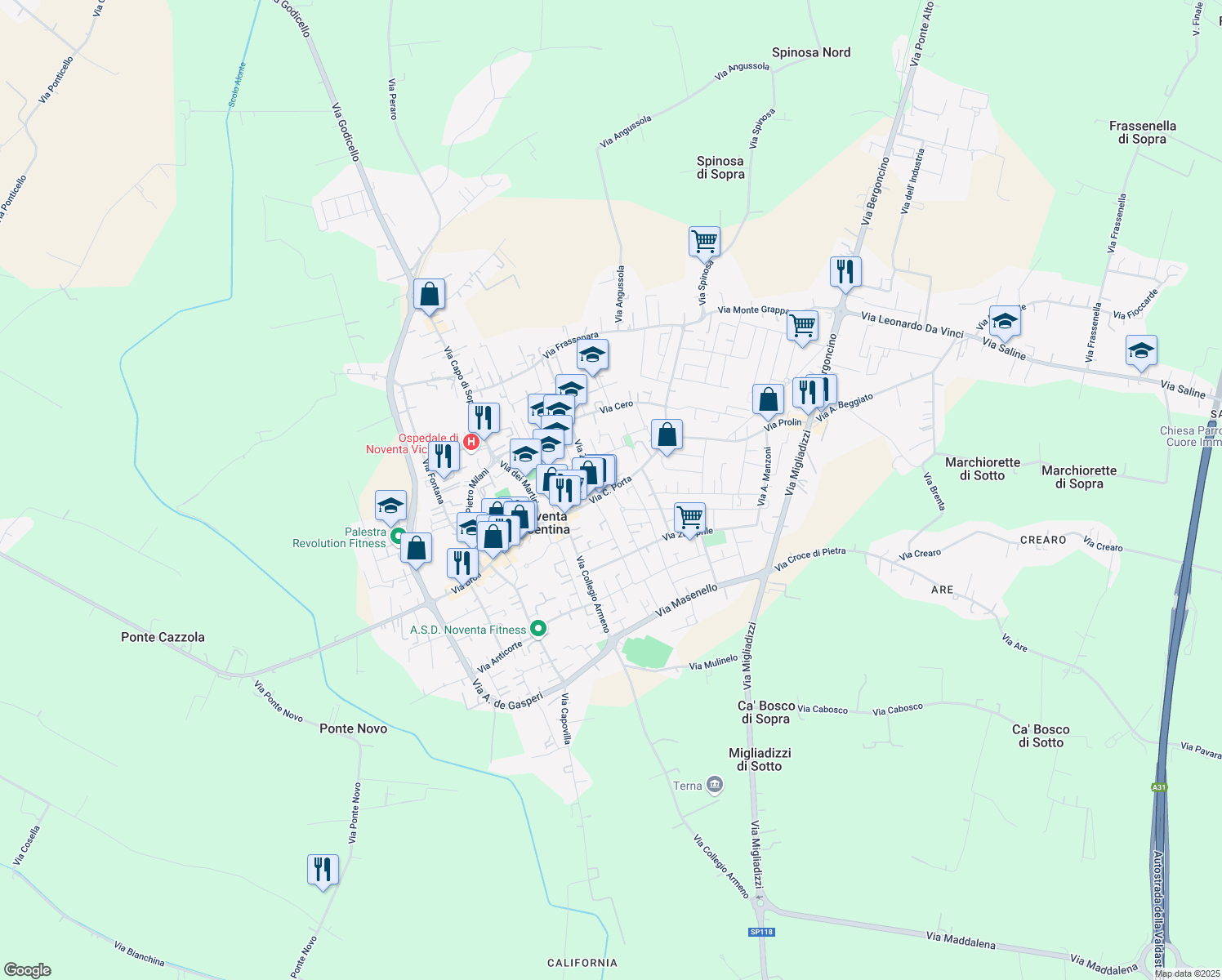 map of restaurants, bars, coffee shops, grocery stores, and more near 7 Via C. Forlanini in Noventa Vicentina