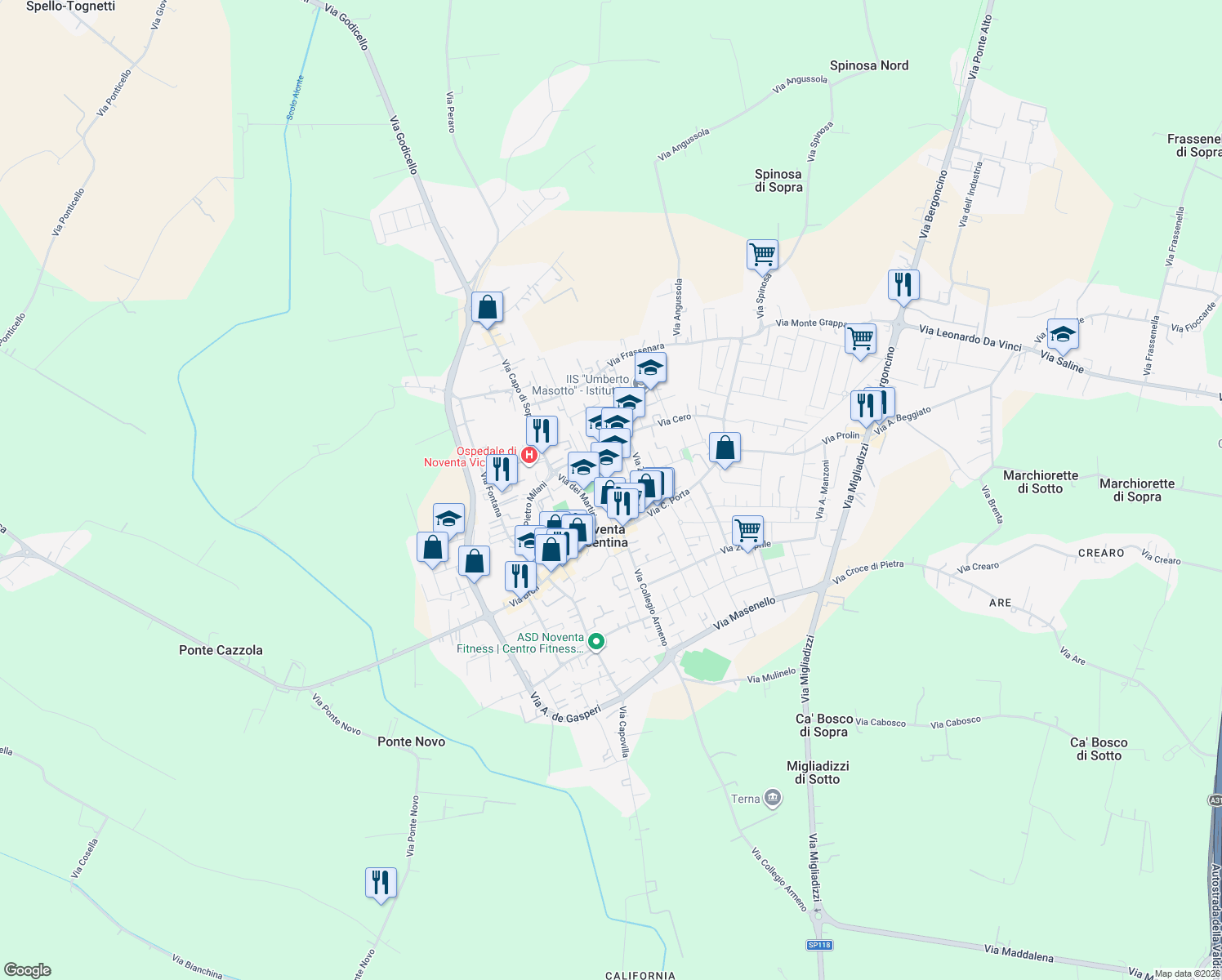 map of restaurants, bars, coffee shops, grocery stores, and more near 10 Via Guglielmo Marconi in Noventa Vicentina