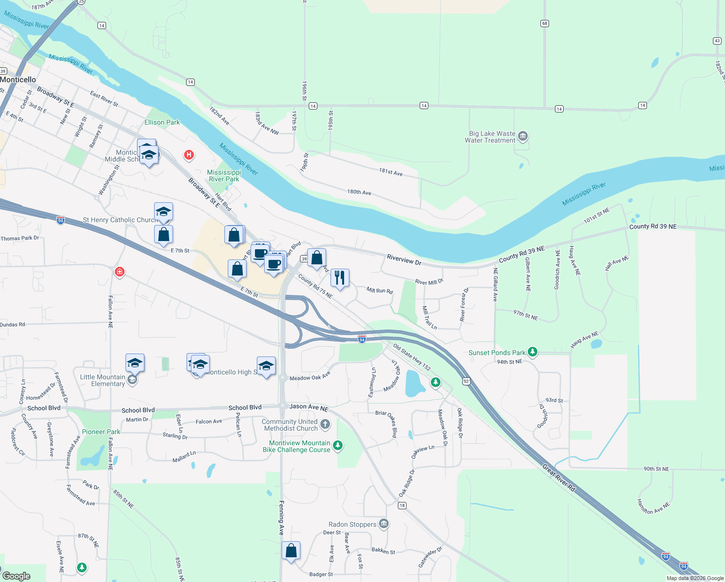 map of restaurants, bars, coffee shops, grocery stores, and more near 6215 Mill Run Road in Monticello