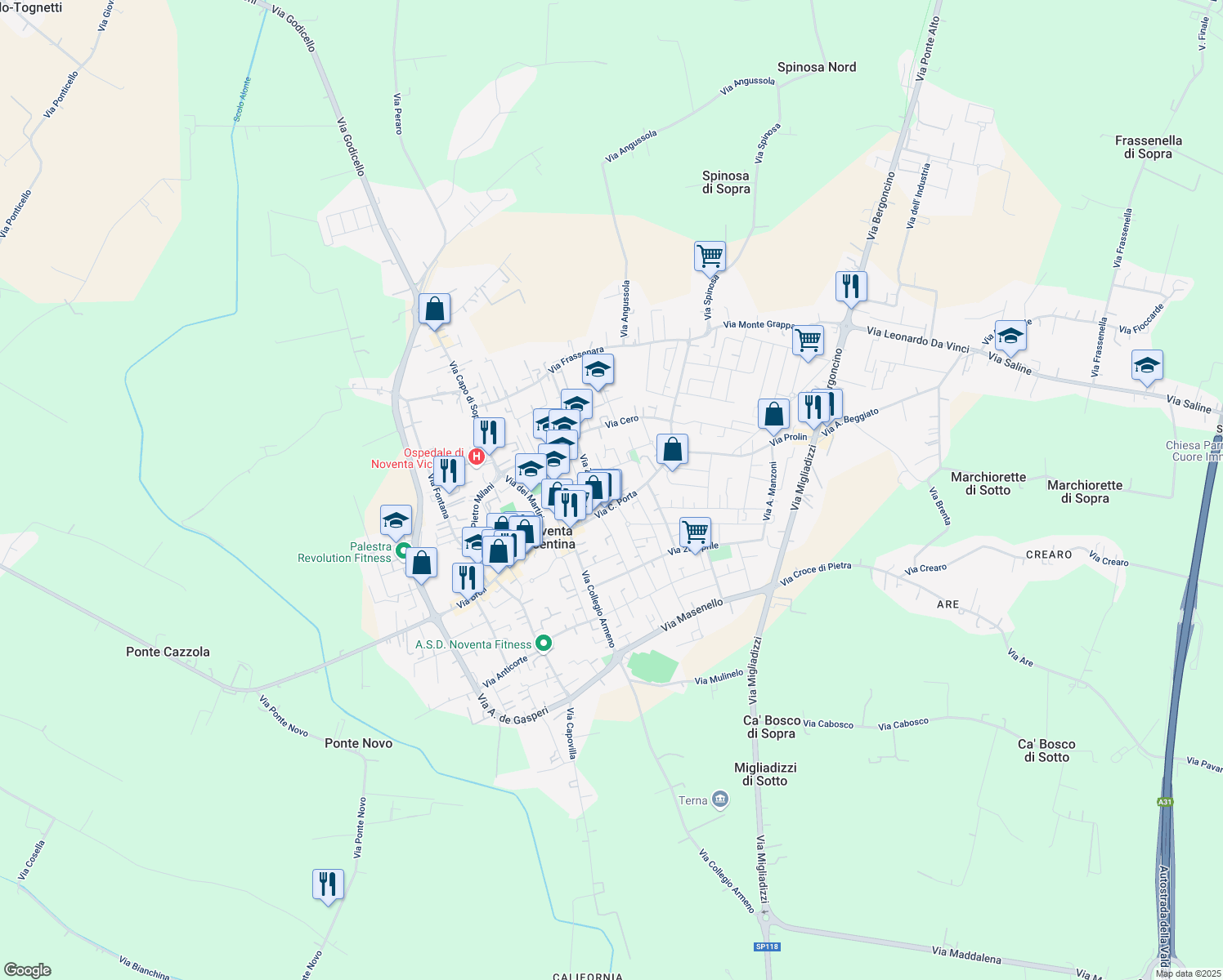 map of restaurants, bars, coffee shops, grocery stores, and more near 7 Via C. Forlanini in Noventa Vicentina