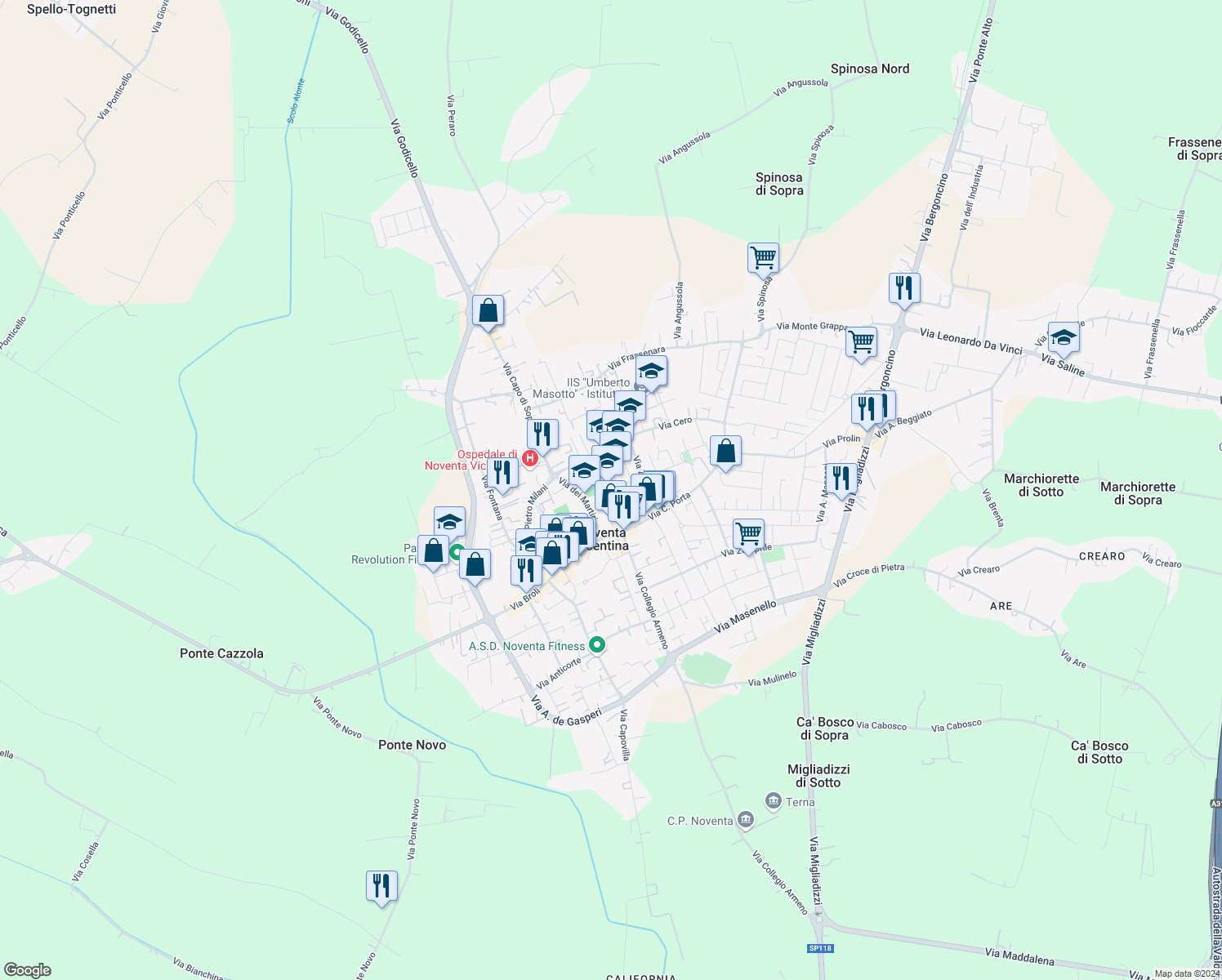 map of restaurants, bars, coffee shops, grocery stores, and more near 6 Via Guglielmo Marconi in Noventa Vicentina