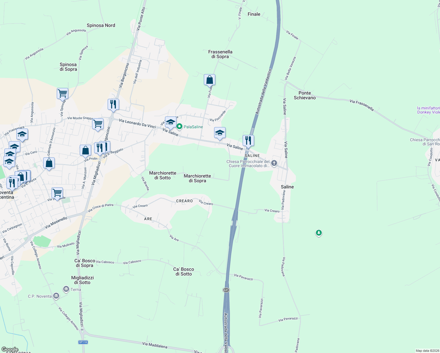 map of restaurants, bars, coffee shops, grocery stores, and more near 39 Via Marchiorette in Provincia di Vicenza