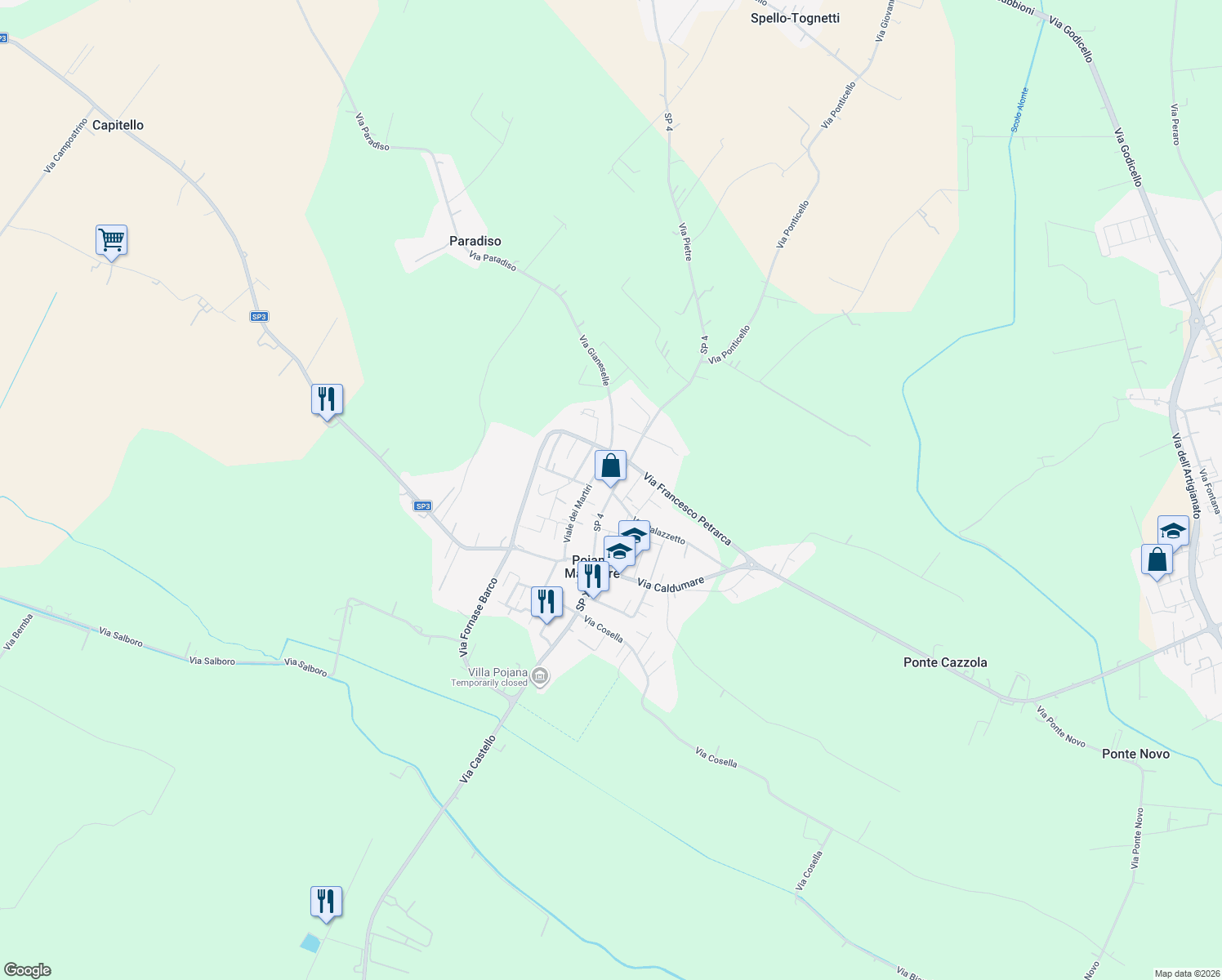 map of restaurants, bars, coffee shops, grocery stores, and more near 68 Via Giacomo Matteotti in Poiana Maggiore