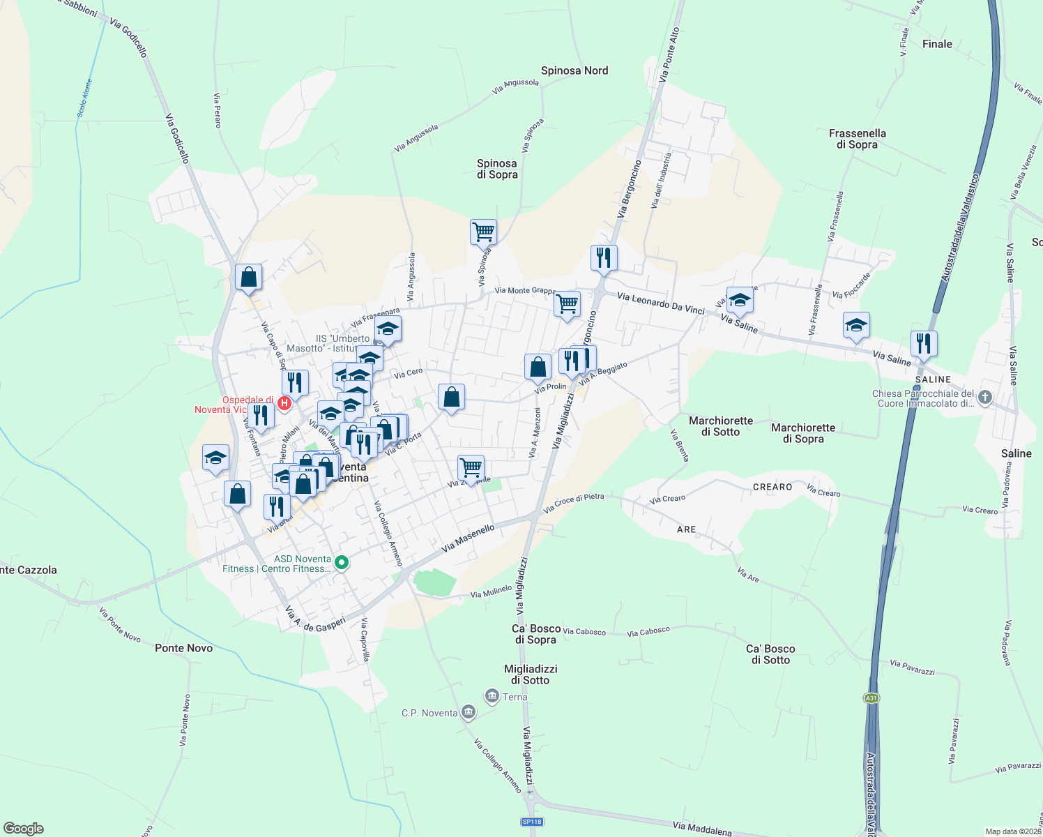 map of restaurants, bars, coffee shops, grocery stores, and more near 15b Via Dante Alighieri in Noventa Vicentina