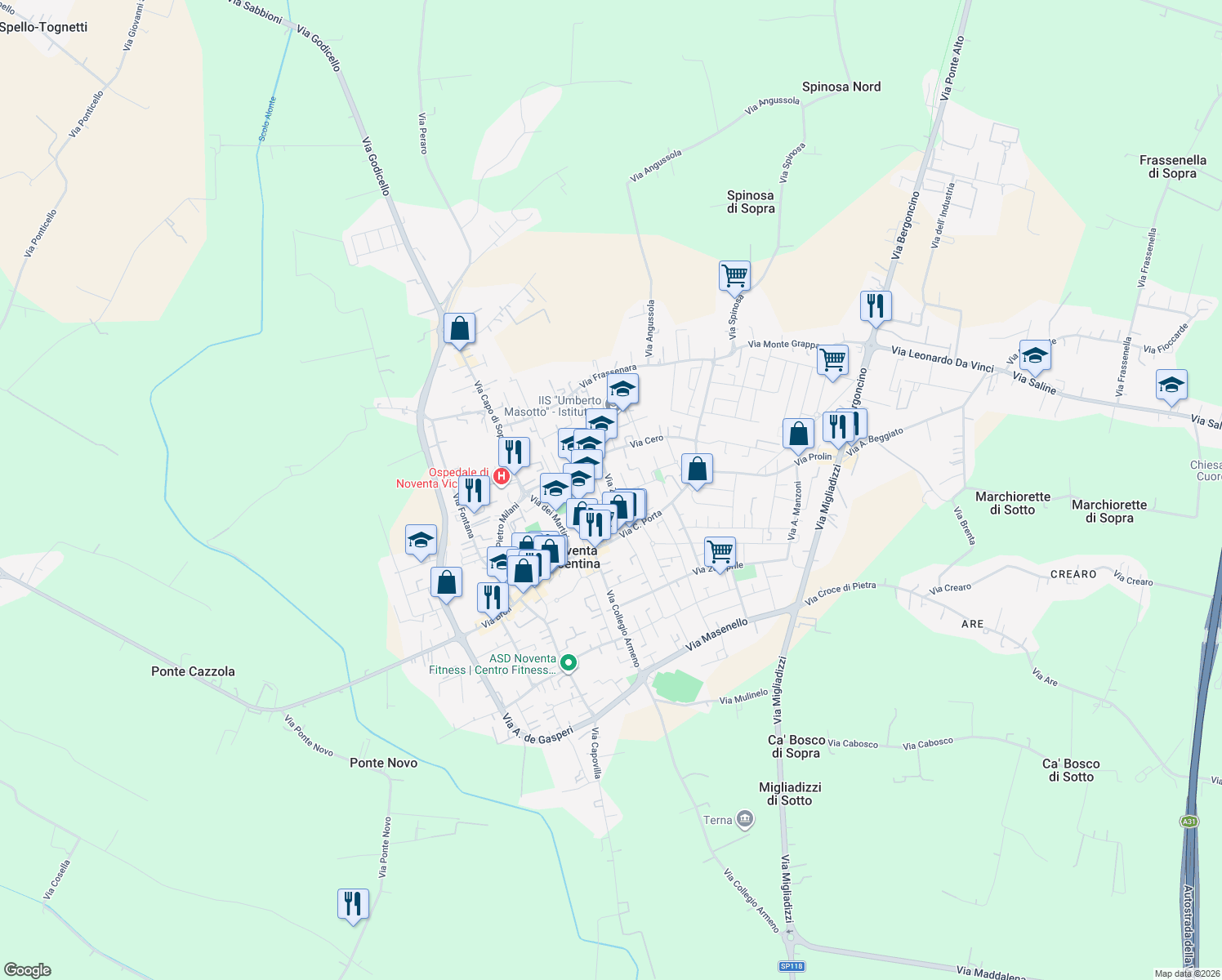 map of restaurants, bars, coffee shops, grocery stores, and more near 10 Via Guglielmo Marconi in Noventa Vicentina