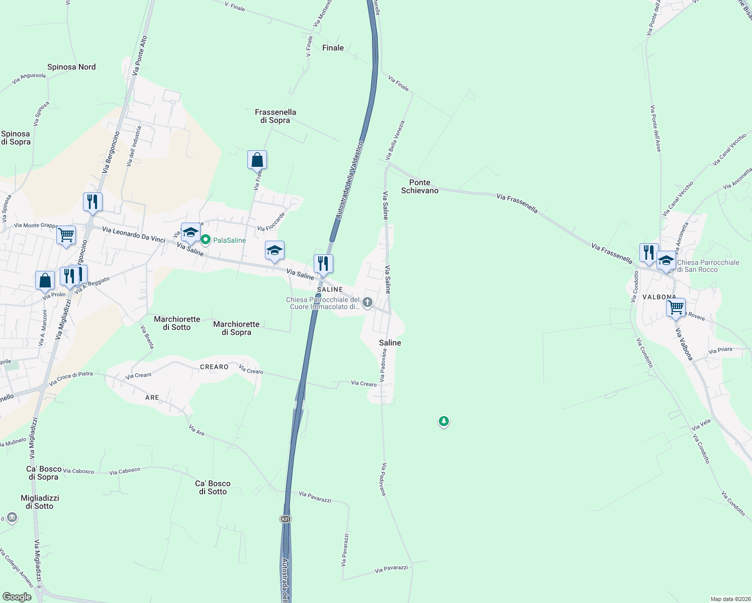 map of restaurants, bars, coffee shops, grocery stores, and more near 10 Via Fratelli Bandiera in Noventa Vicentina
