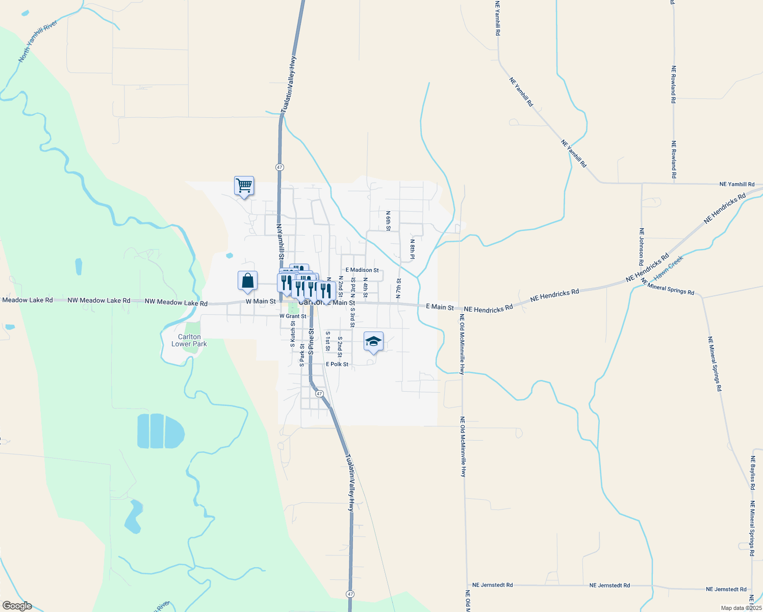 map of restaurants, bars, coffee shops, grocery stores, and more near 100 South 5th Street in Carlton