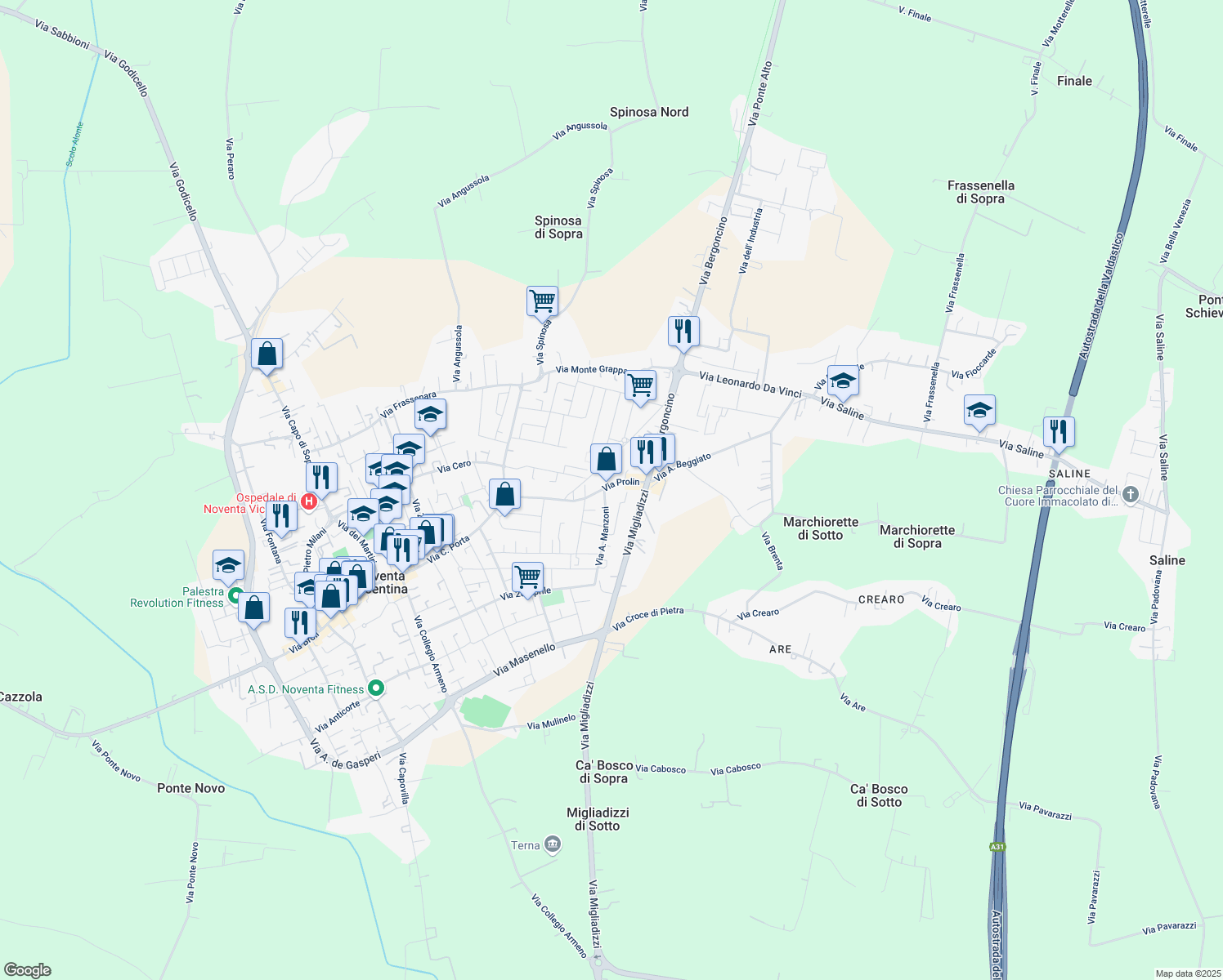 map of restaurants, bars, coffee shops, grocery stores, and more near 60 Via Prolin in Noventa Vicentina