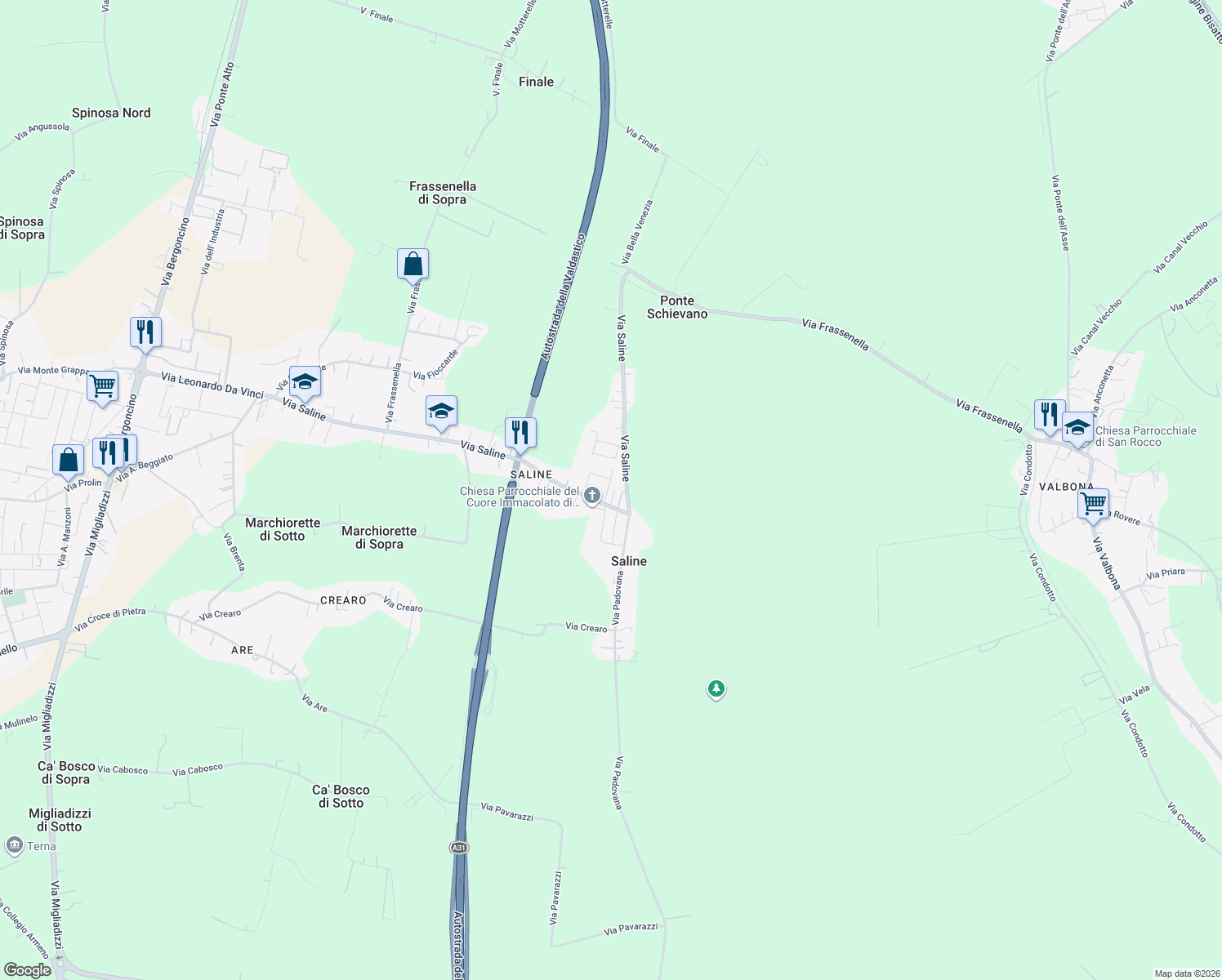 map of restaurants, bars, coffee shops, grocery stores, and more near 10 Via Fratelli Bandiera in Noventa Vicentina