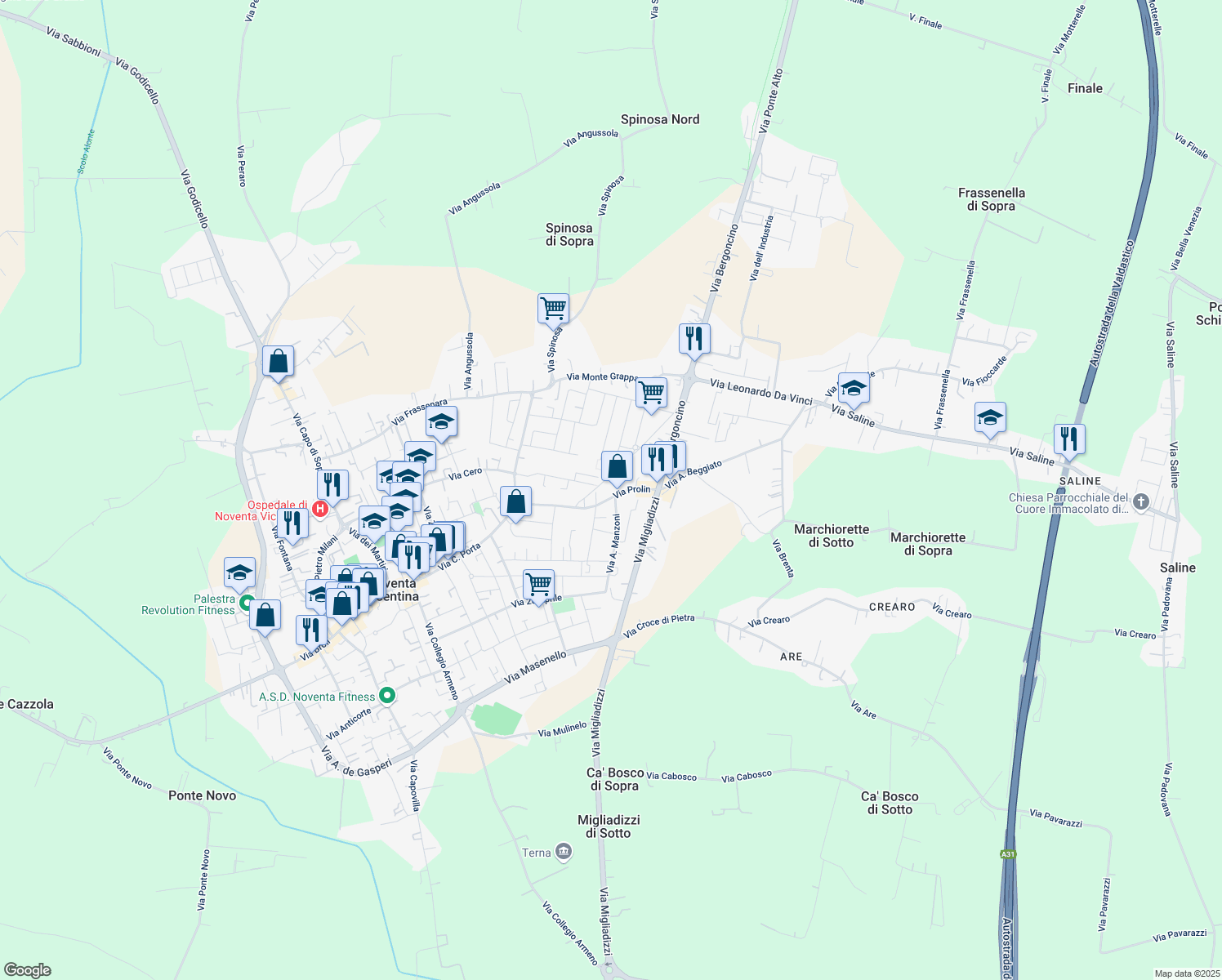 map of restaurants, bars, coffee shops, grocery stores, and more near 60 Via Prolin in Noventa Vicentina