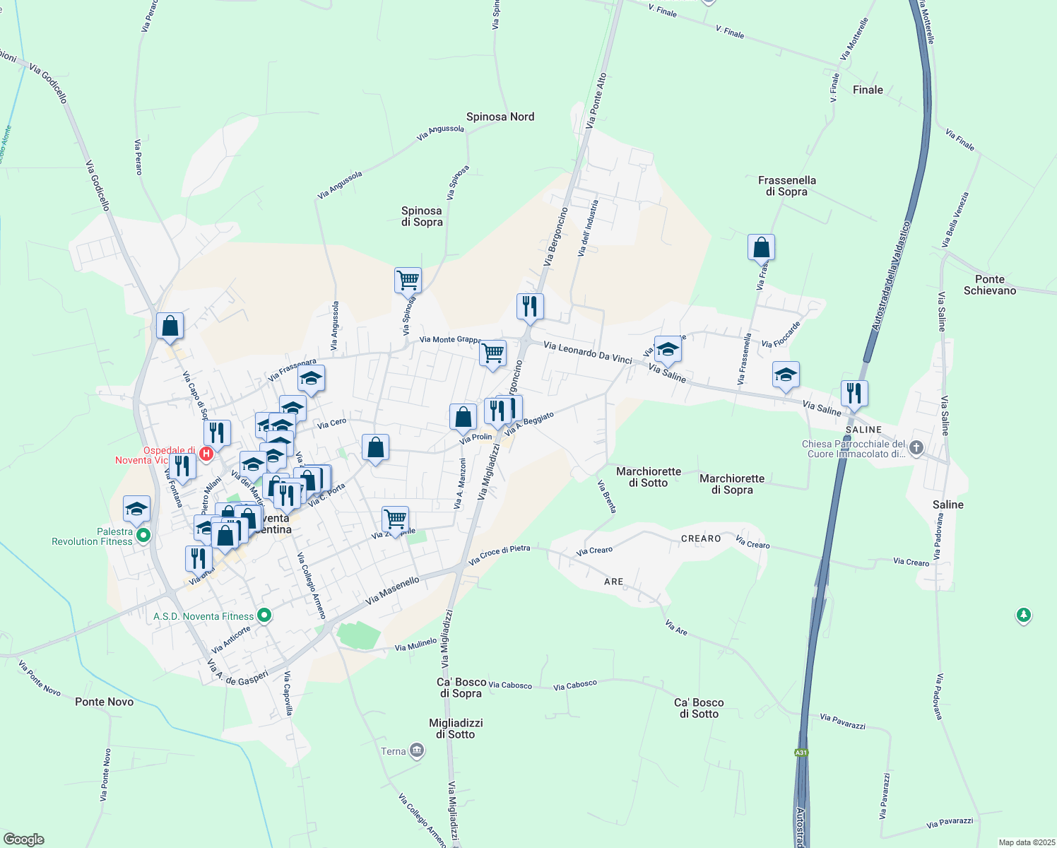 map of restaurants, bars, coffee shops, grocery stores, and more near 23 Via A. Beggiato in Noventa Vicentina