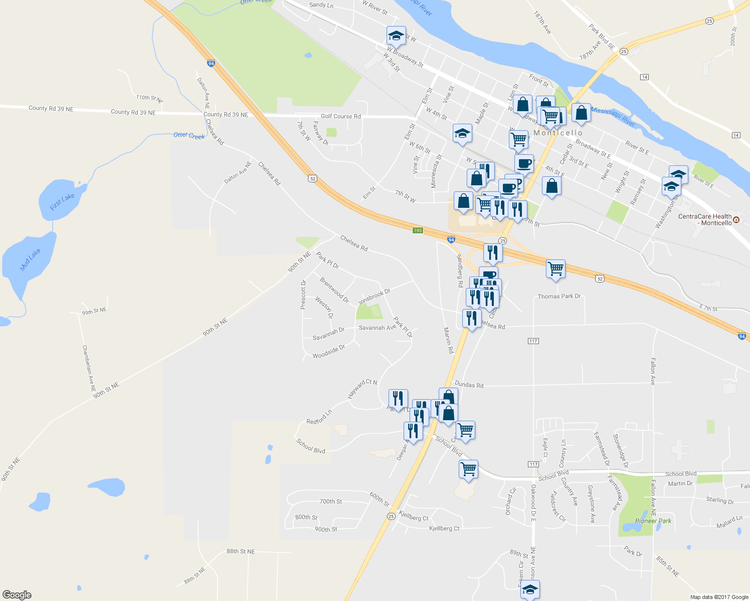 map of restaurants, bars, coffee shops, grocery stores, and more near 10000 Innsbrook Drive in Monticello