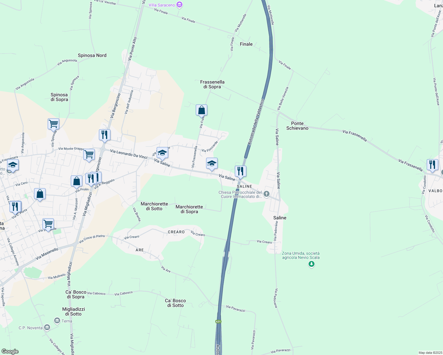 map of restaurants, bars, coffee shops, grocery stores, and more near 62 Via Marchiorette in Provincia di Vicenza