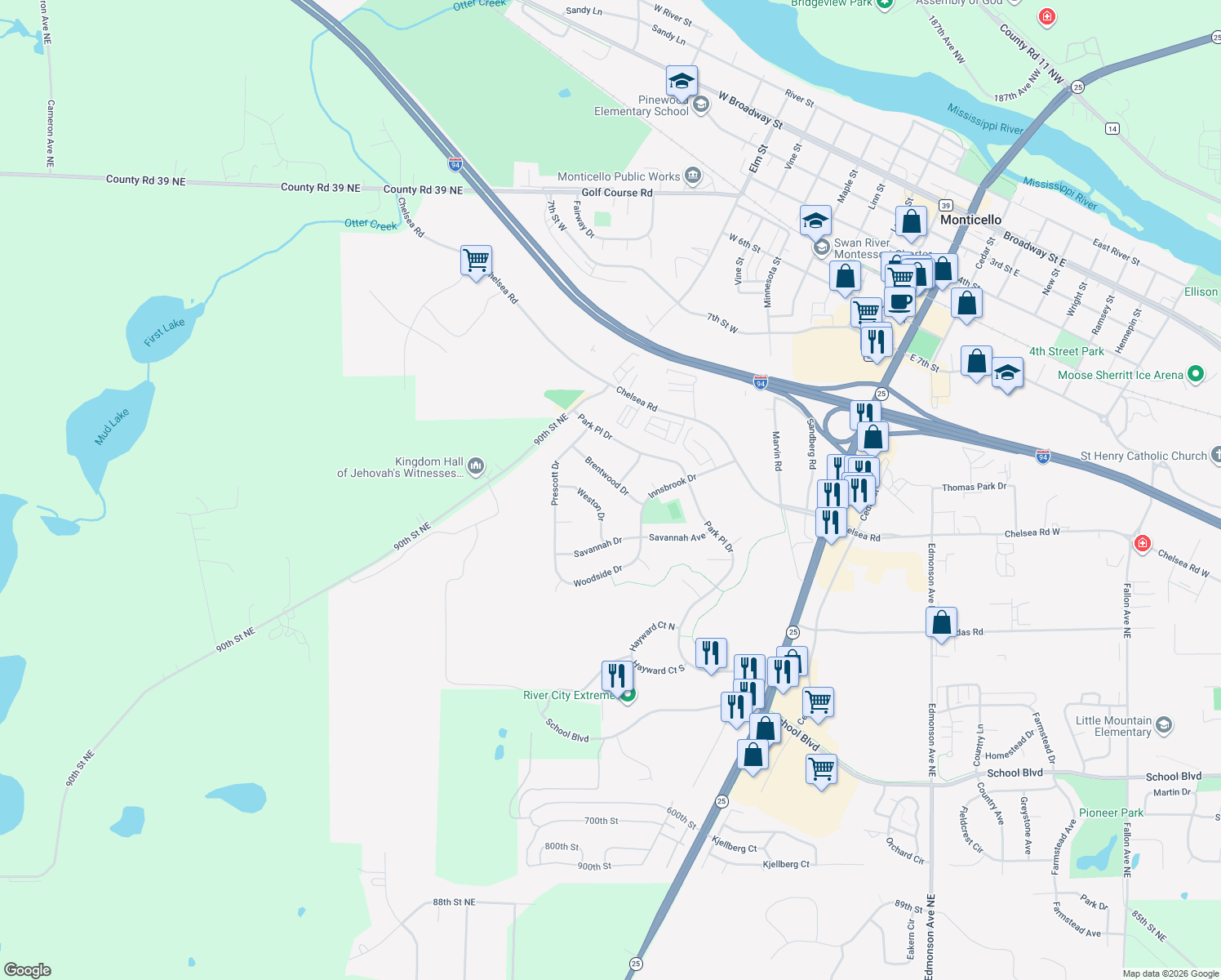 map of restaurants, bars, coffee shops, grocery stores, and more near 3690 Brentwood Drive in Monticello