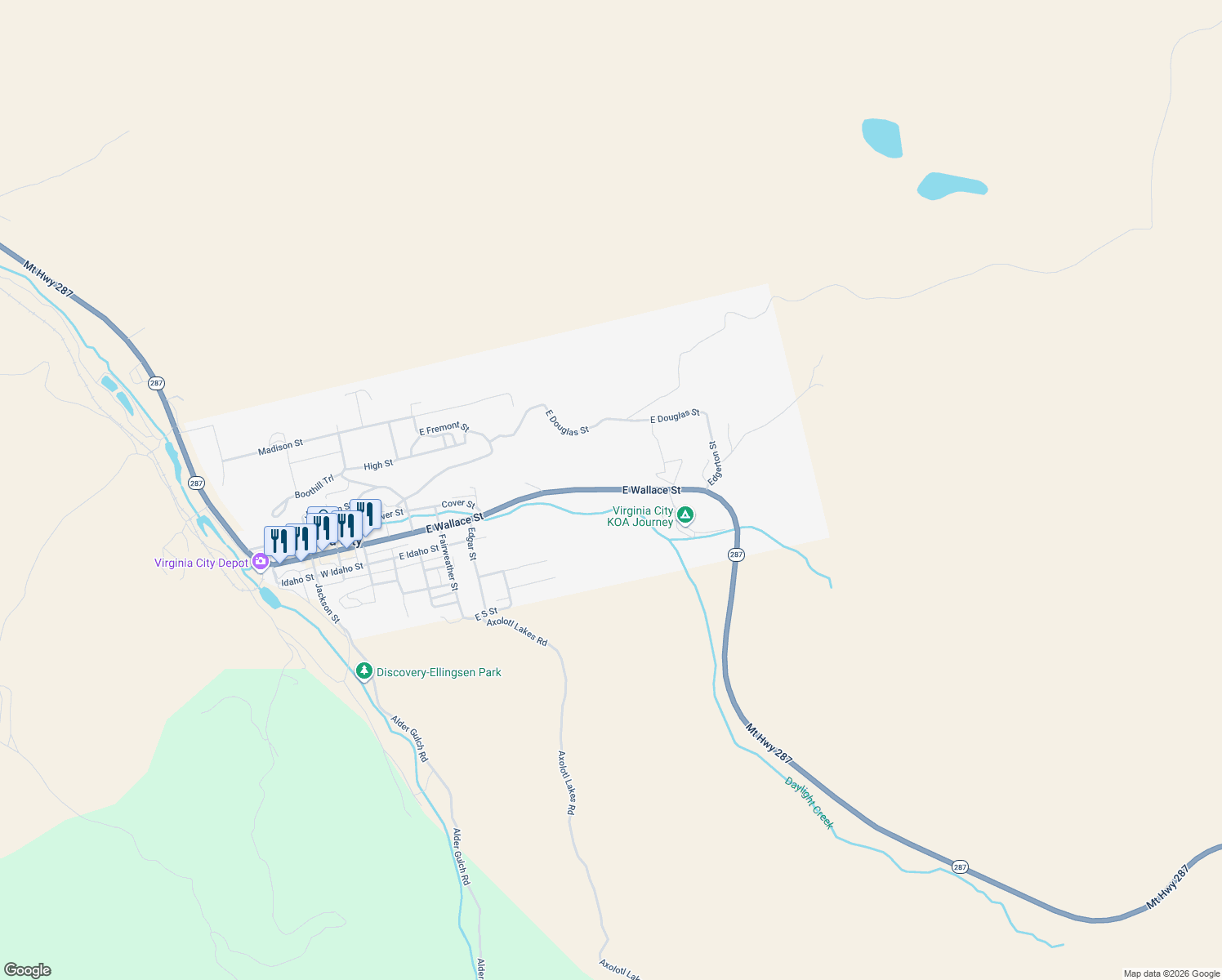 map of restaurants, bars, coffee shops, grocery stores, and more near East Wallace in Virginia City