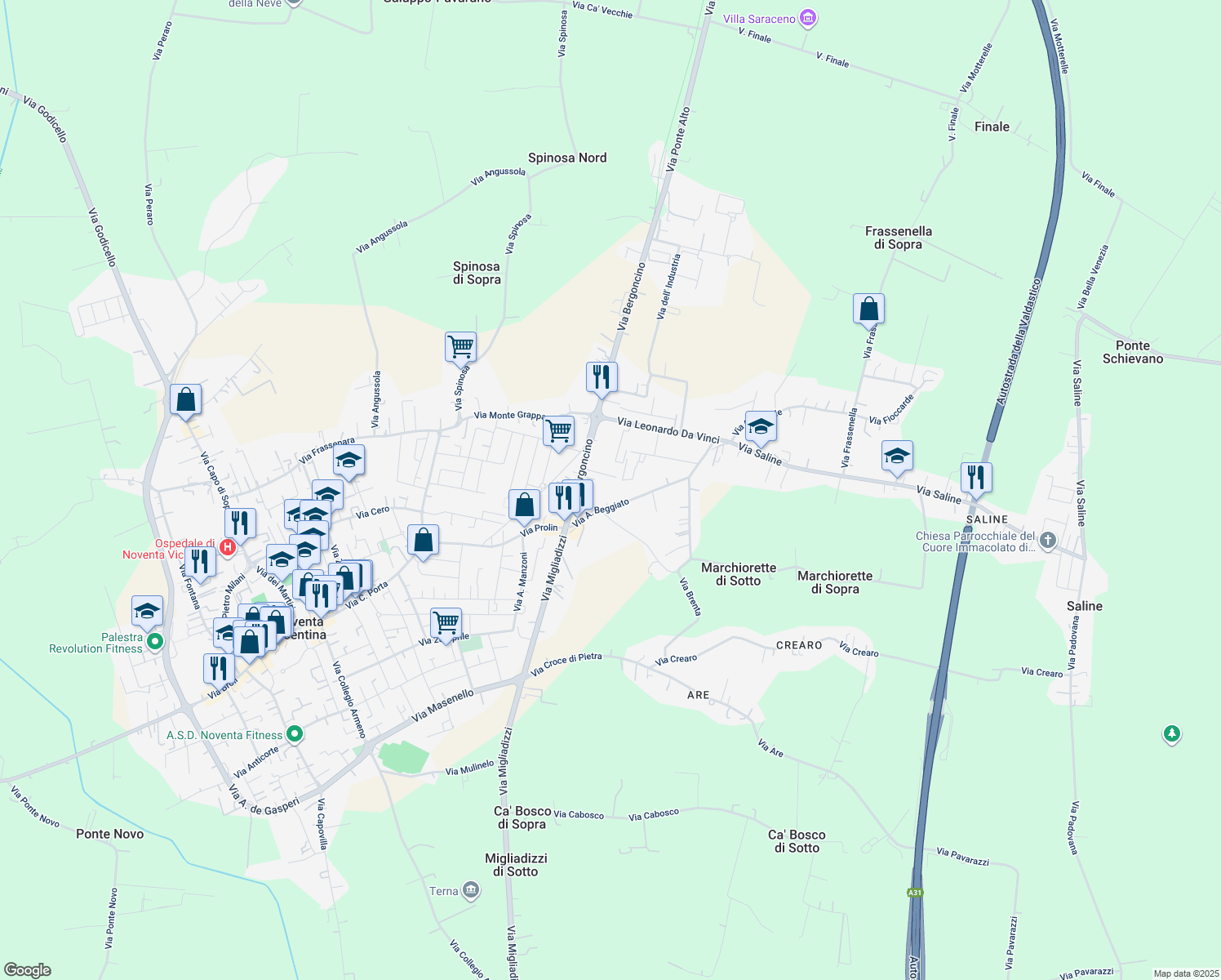 map of restaurants, bars, coffee shops, grocery stores, and more near 23 Via A. Beggiato in Noventa Vicentina