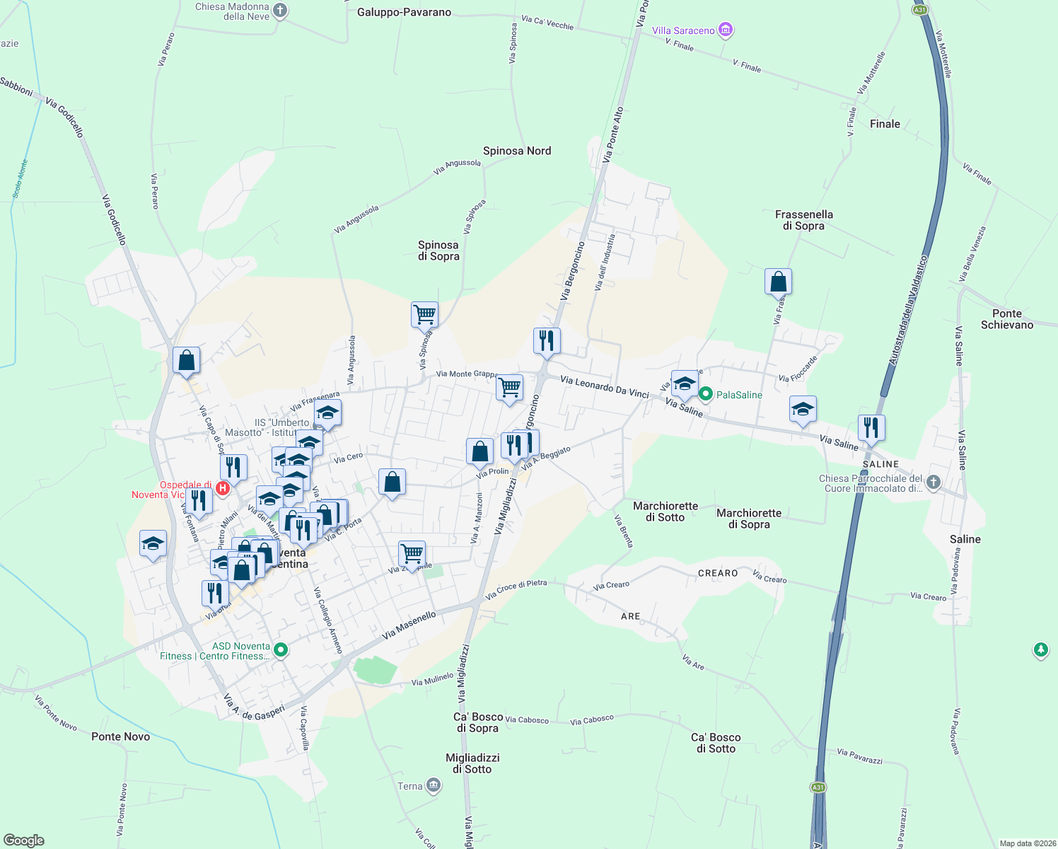 map of restaurants, bars, coffee shops, grocery stores, and more near 25 Via Bergoncino in Noventa Vicentina