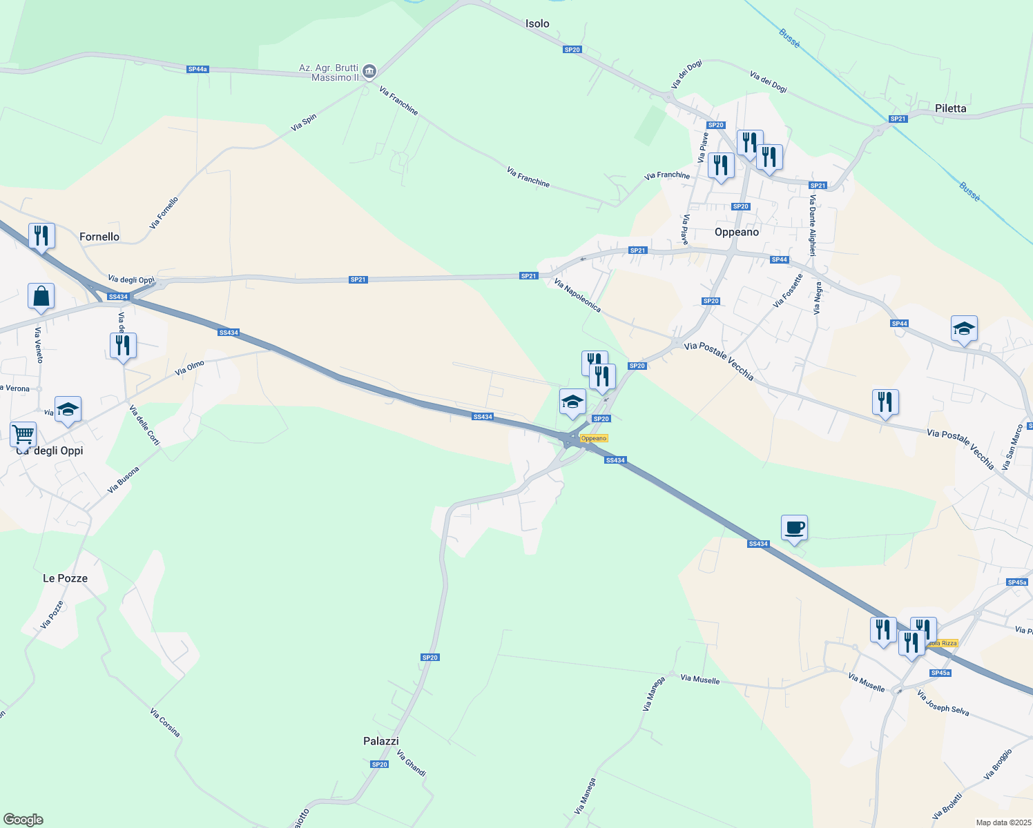map of restaurants, bars, coffee shops, grocery stores, and more near Via Padania in Provincia di Verona