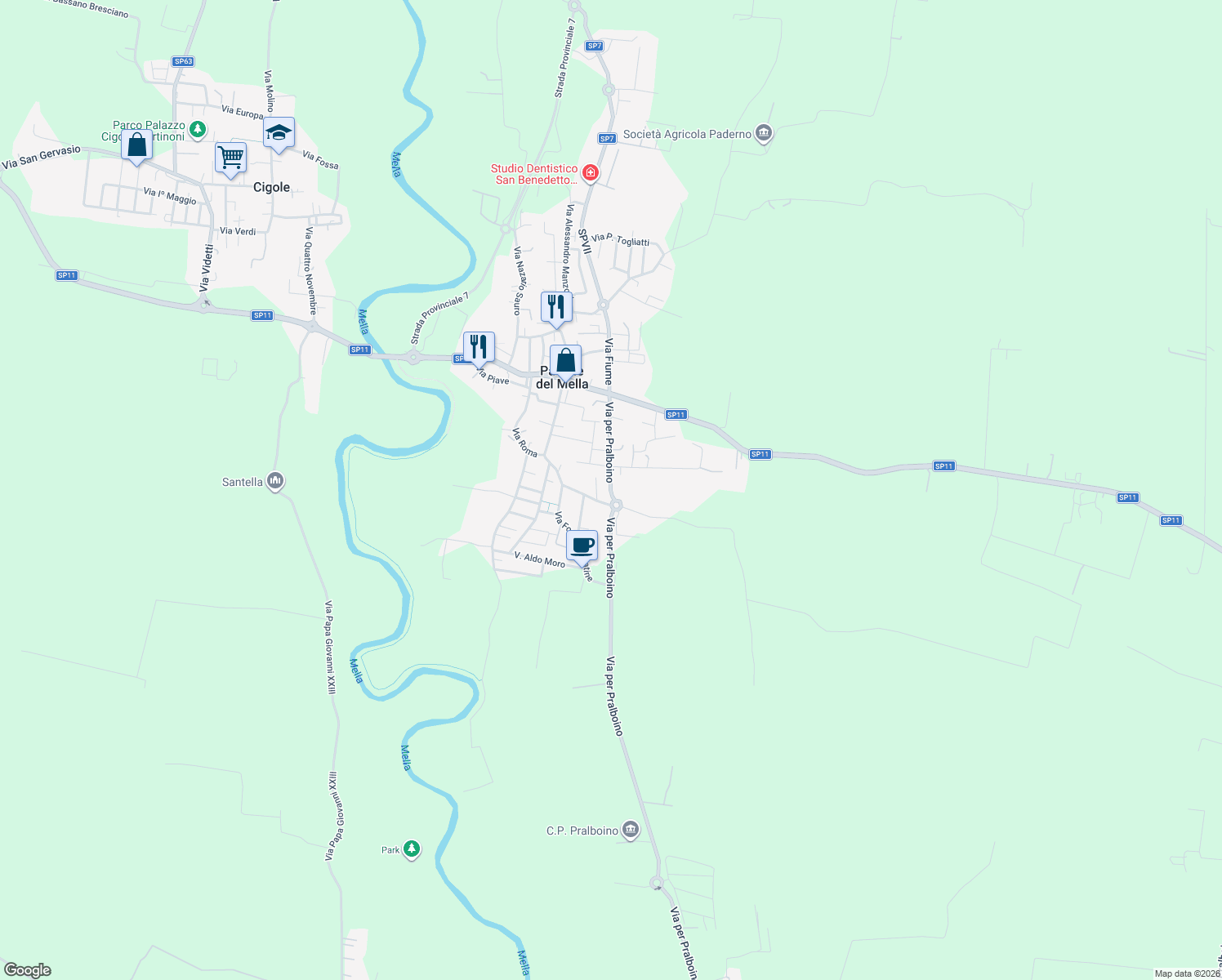 map of restaurants, bars, coffee shops, grocery stores, and more near 12 Via Leonardo da Vinci in Pavone del Mella