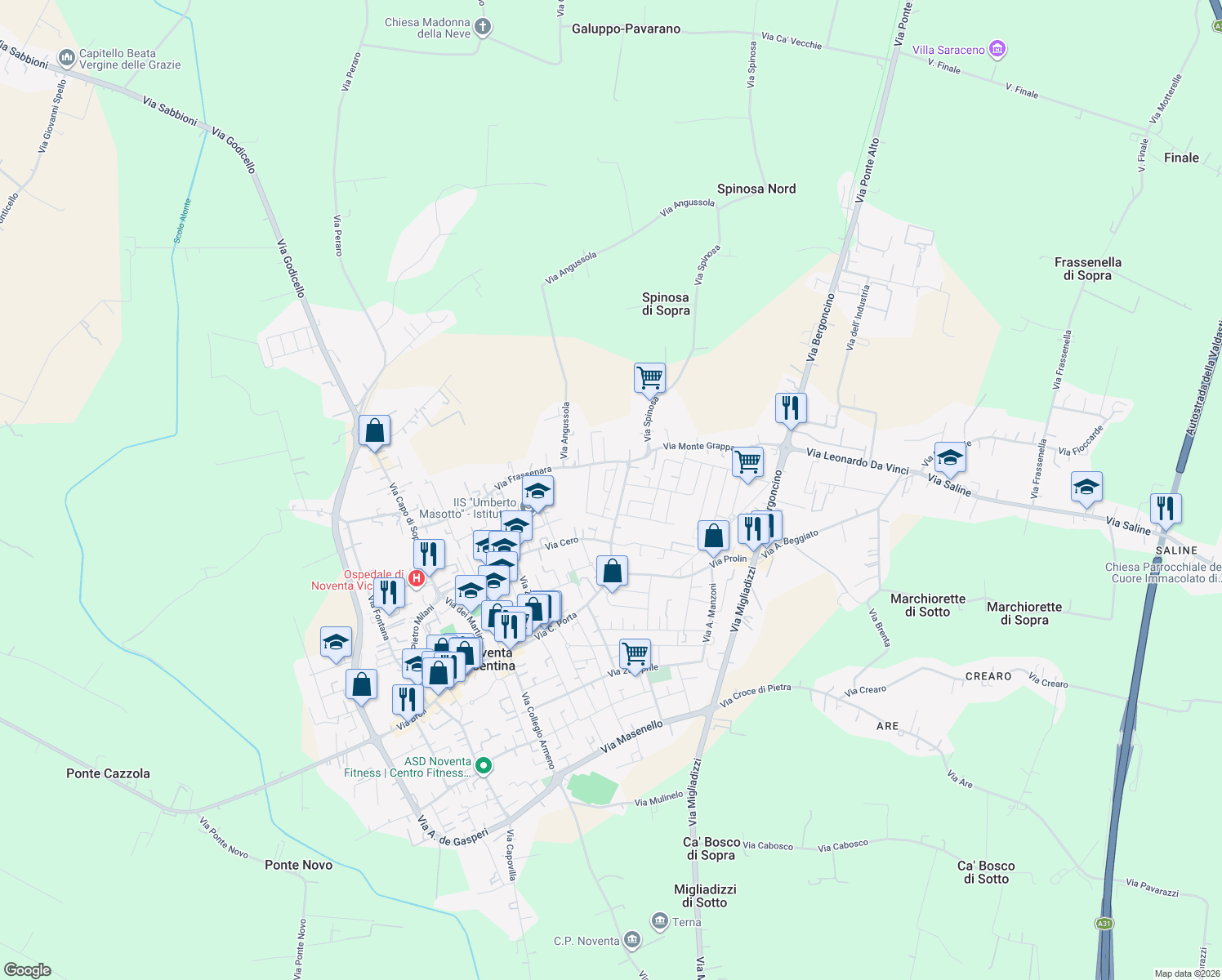 map of restaurants, bars, coffee shops, grocery stores, and more near 17 Via Asiago in Noventa Vicentina