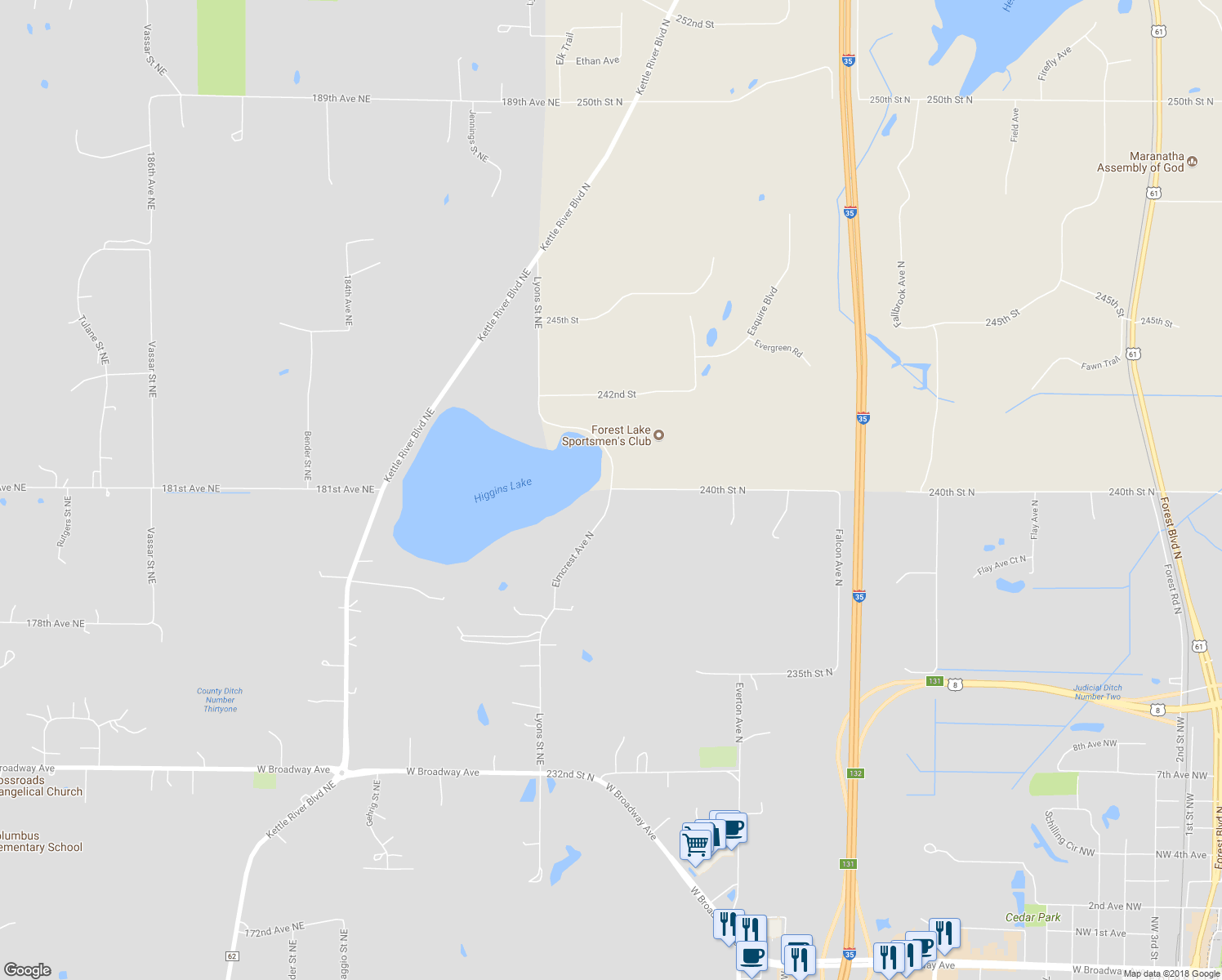 map of restaurants, bars, coffee shops, grocery stores, and more near 23998 Elmcrest Avenue North in Forest Lake