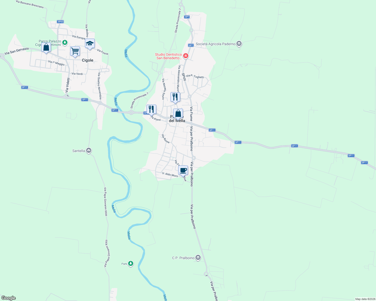 map of restaurants, bars, coffee shops, grocery stores, and more near 12 Via Leonardo da Vinci in Pavone del Mella