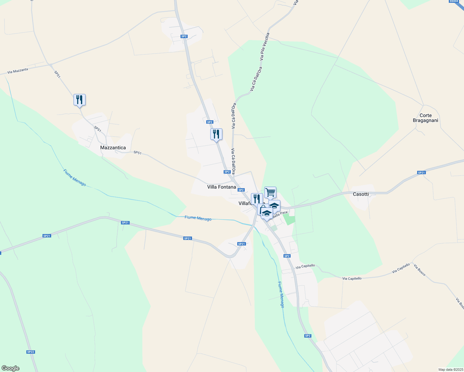 map of restaurants, bars, coffee shops, grocery stores, and more near 5 Via Don Carlo Forante in Villa Fontana