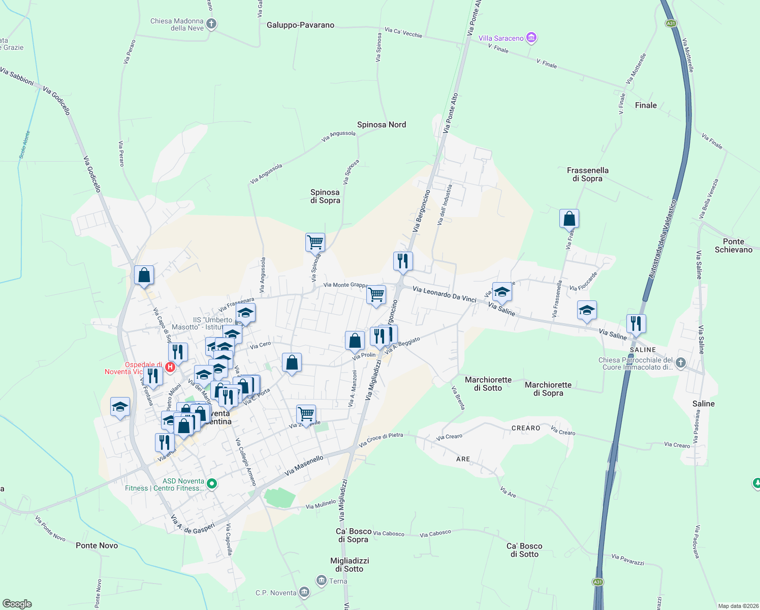 map of restaurants, bars, coffee shops, grocery stores, and more near Via Raffaello Sanzio in Noventa Vicentina