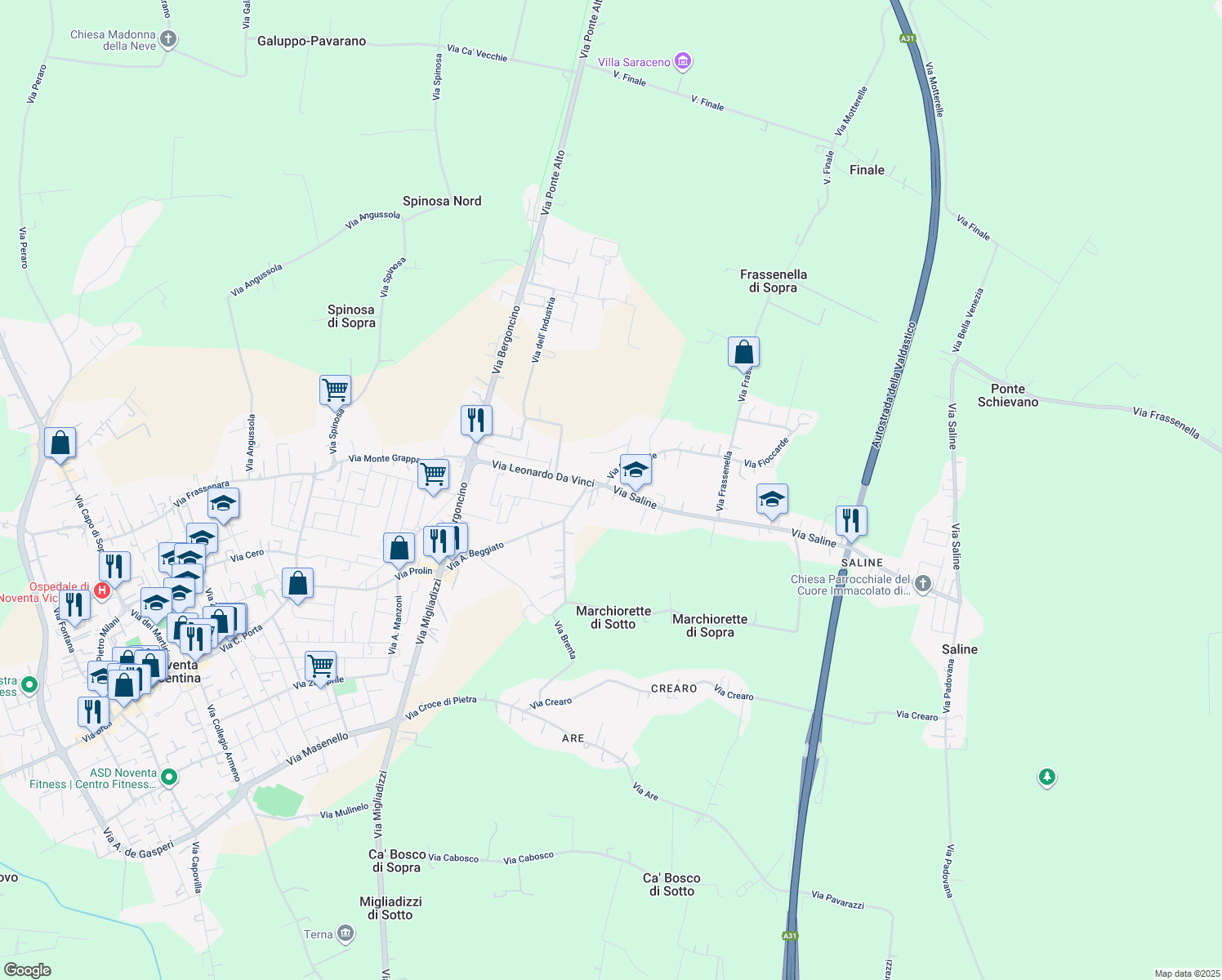 map of restaurants, bars, coffee shops, grocery stores, and more near 8 Via Saline in Noventa Vicentina