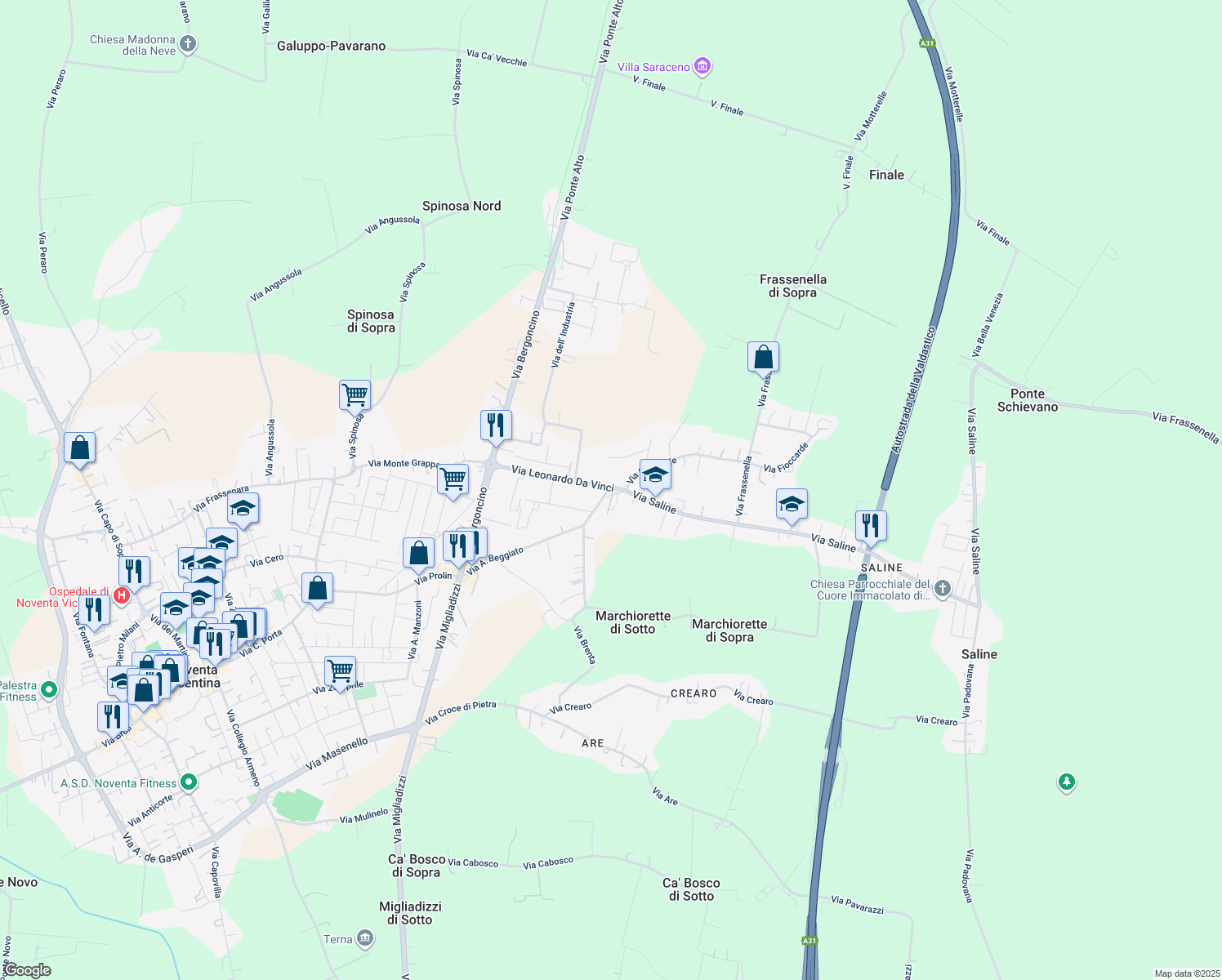 map of restaurants, bars, coffee shops, grocery stores, and more near 8 Via Saline in Noventa Vicentina