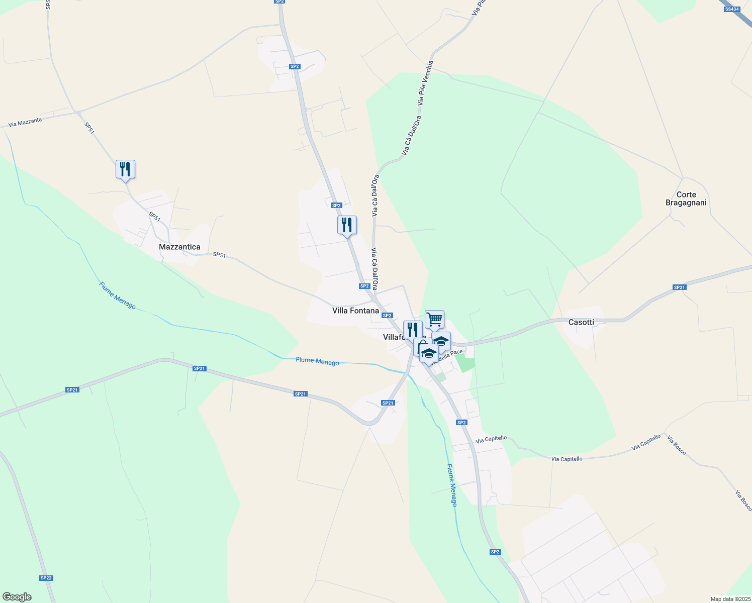 map of restaurants, bars, coffee shops, grocery stores, and more near 5 Via Don Carlo Forante in Villa Fontana