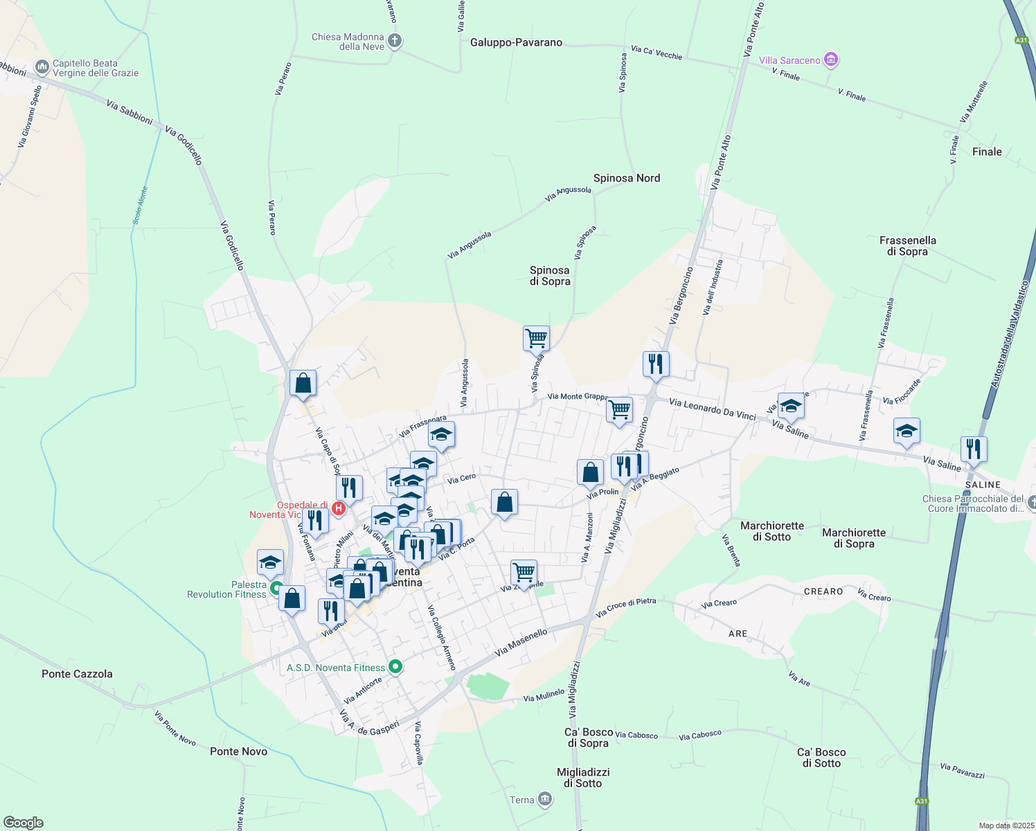 map of restaurants, bars, coffee shops, grocery stores, and more near 3 Via Giambattista Tiepolo in Noventa Vicentina