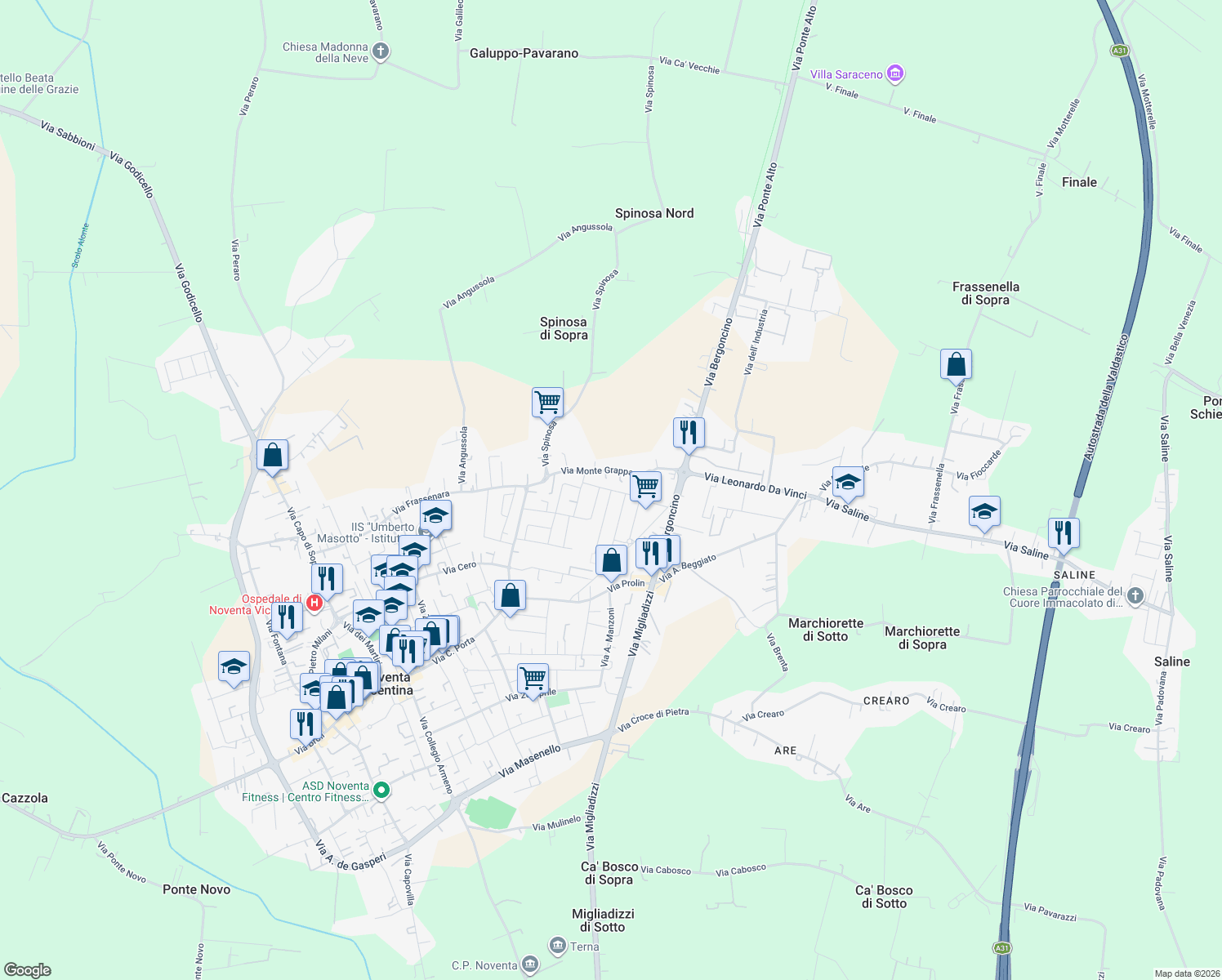 map of restaurants, bars, coffee shops, grocery stores, and more near Via Raffaello Sanzio in Noventa Vicentina