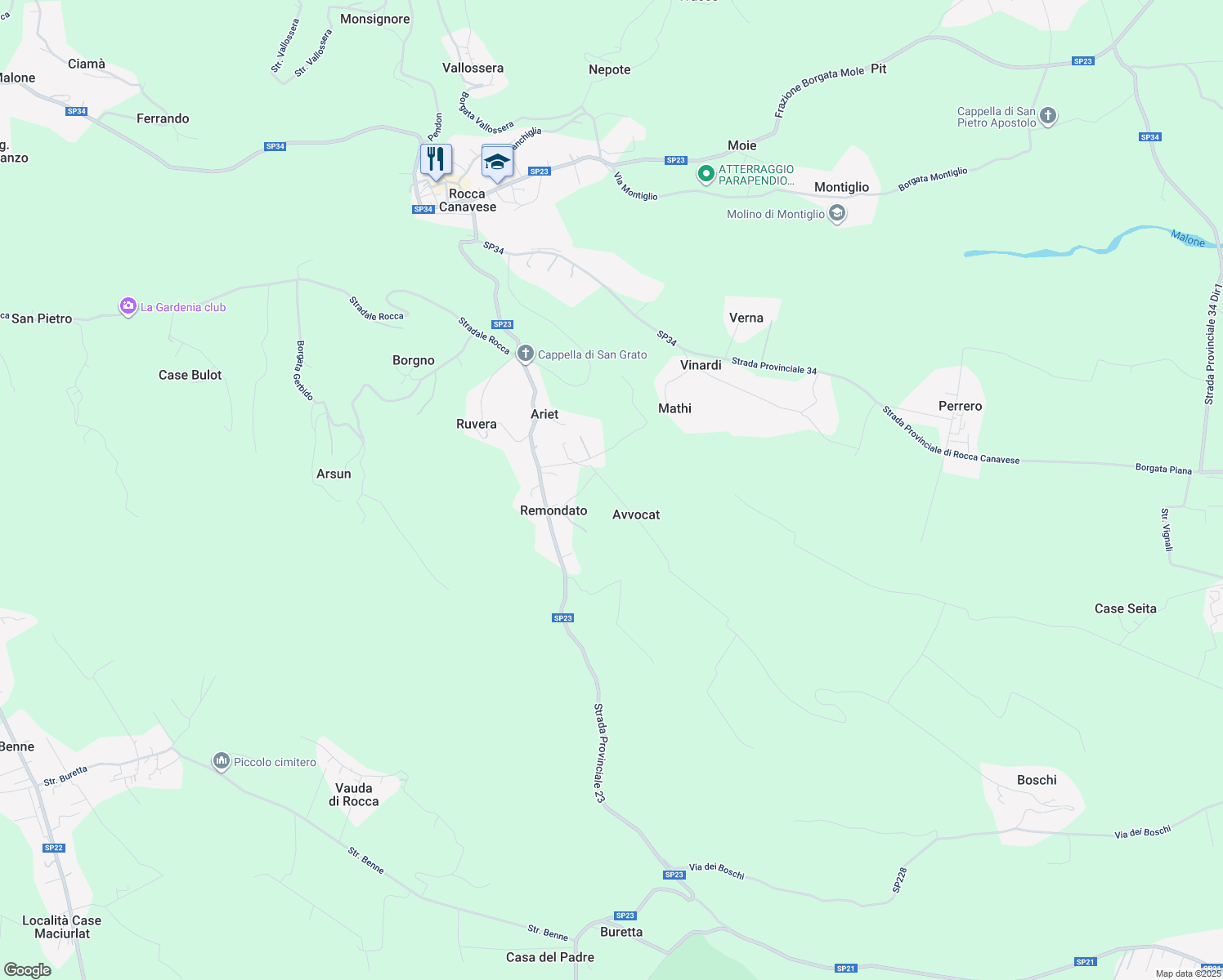 map of restaurants, bars, coffee shops, grocery stores, and more near 54 Borgata Remondato in Città Metropolitana di Torino