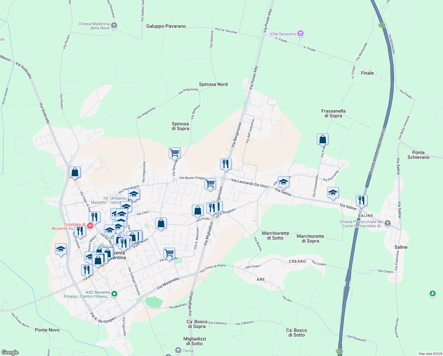 map of restaurants, bars, coffee shops, grocery stores, and more near 88 Via Monte Grappa in Noventa Vicentina