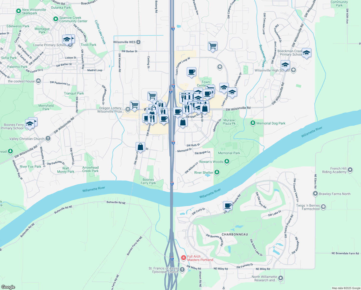 map of restaurants, bars, coffee shops, grocery stores, and more near 30700 Southwest Parkway Avenue in Wilsonville