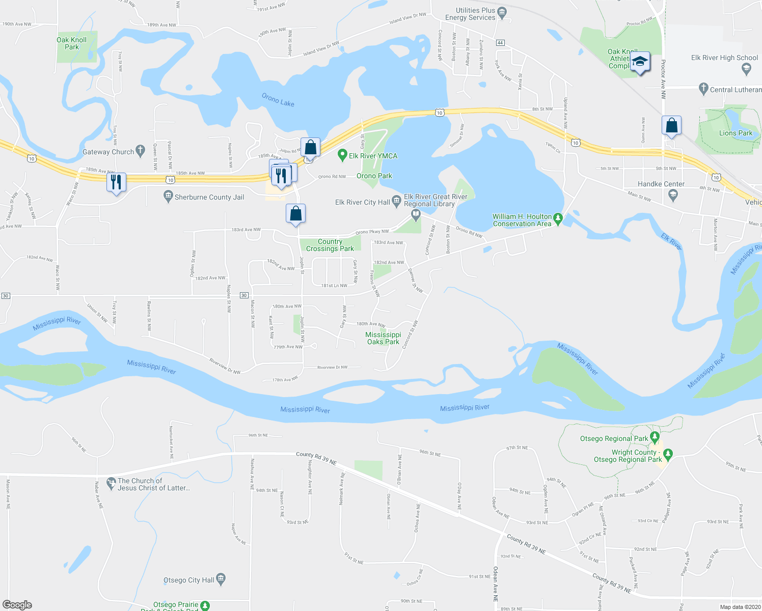 map of restaurants, bars, coffee shops, grocery stores, and more near 13143 180th Lane Northwest in Elk River