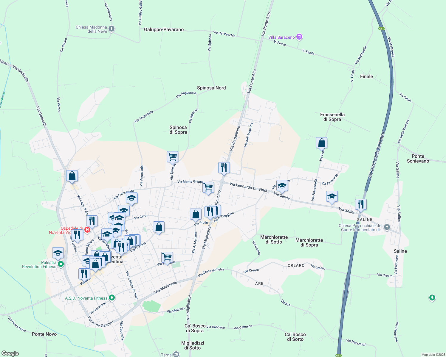 map of restaurants, bars, coffee shops, grocery stores, and more near 4 Via Leonardo Da Vinci in Provincia di Vicenza