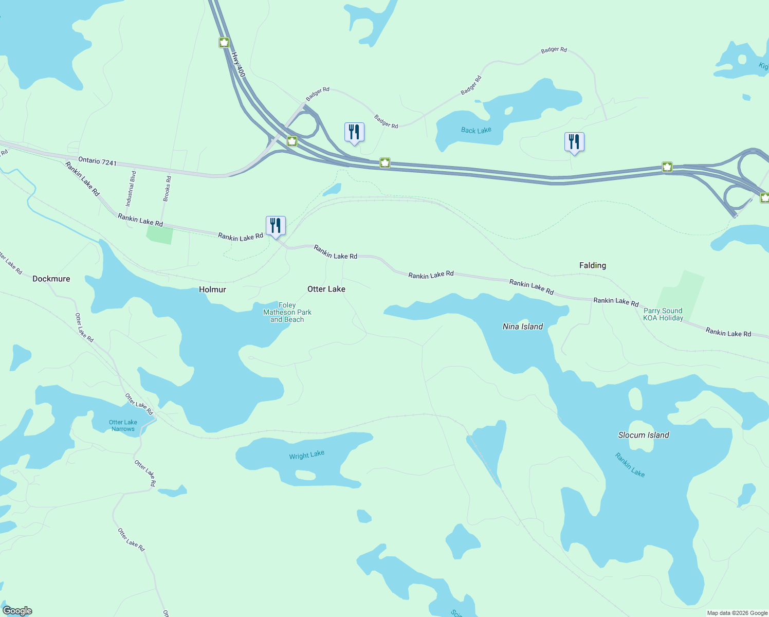 map of restaurants, bars, coffee shops, grocery stores, and more near Ferris Road in Parry Sound