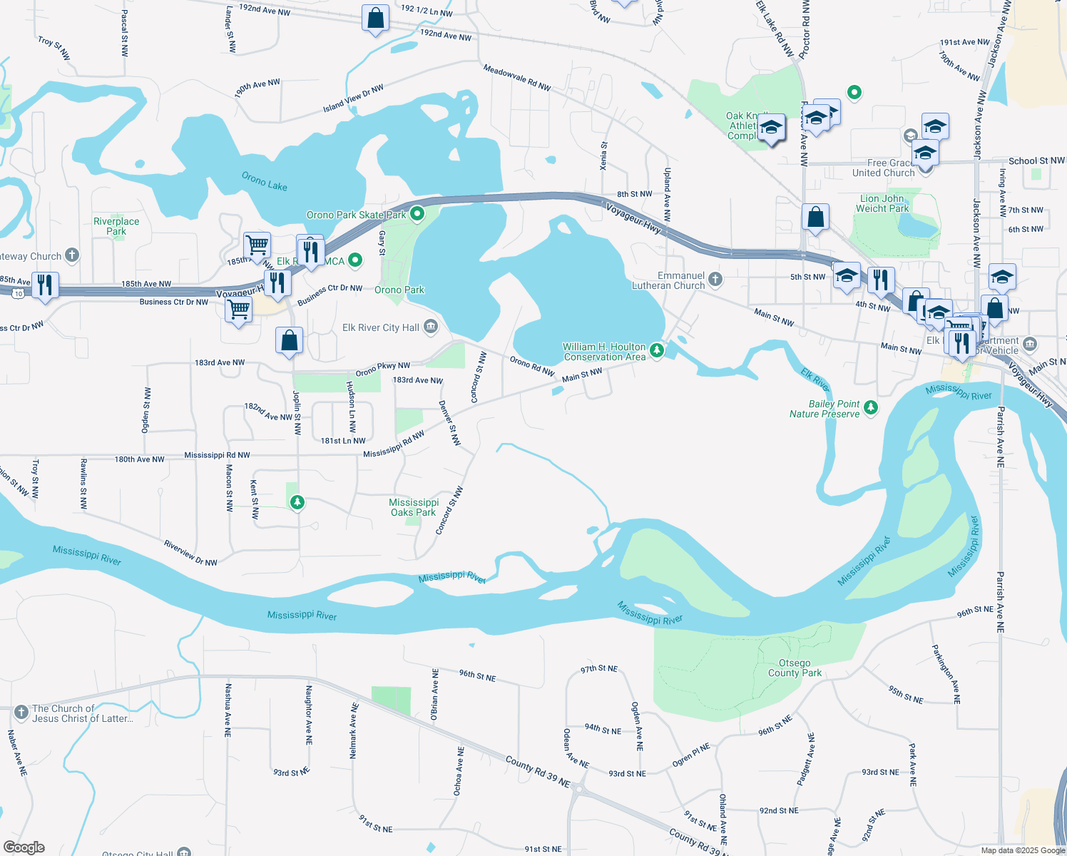 map of restaurants, bars, coffee shops, grocery stores, and more near 12852 182nd Avenue Northwest in Elk River