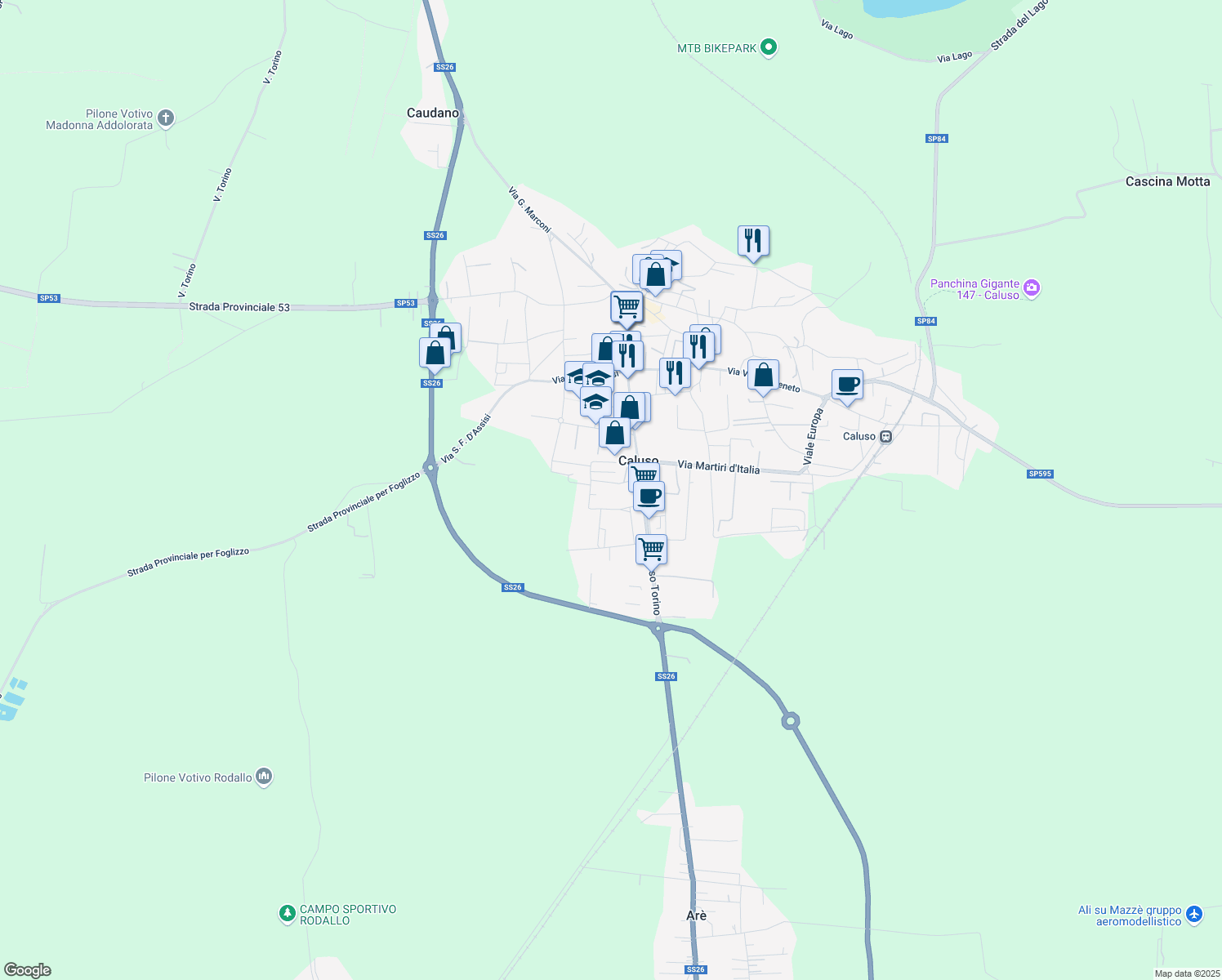 map of restaurants, bars, coffee shops, grocery stores, and more near 241 Corso Torino in Caluso