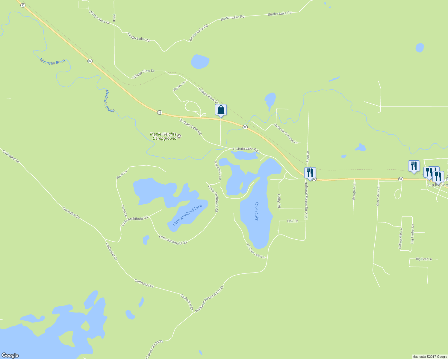 map of restaurants, bars, coffee shops, grocery stores, and more near 17196 Peninsula Lane in Lakewood