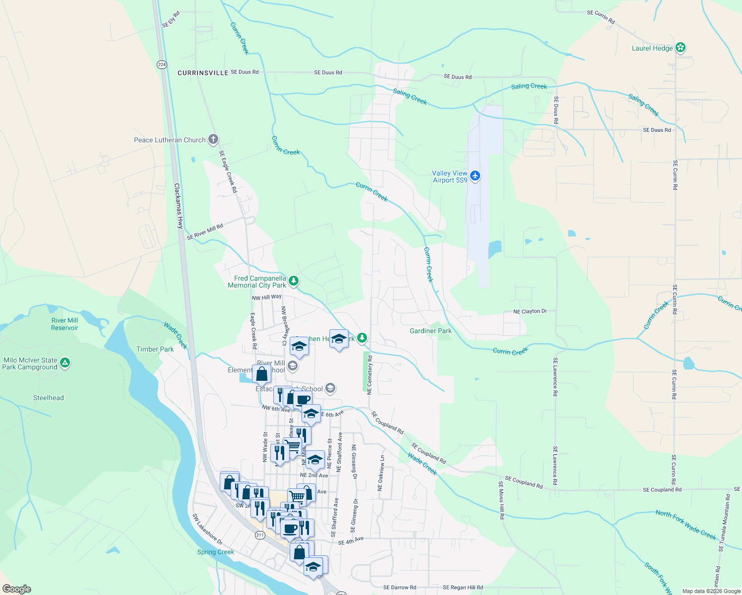 map of restaurants, bars, coffee shops, grocery stores, and more near 799 Northeast Cemetery Road in Estacada