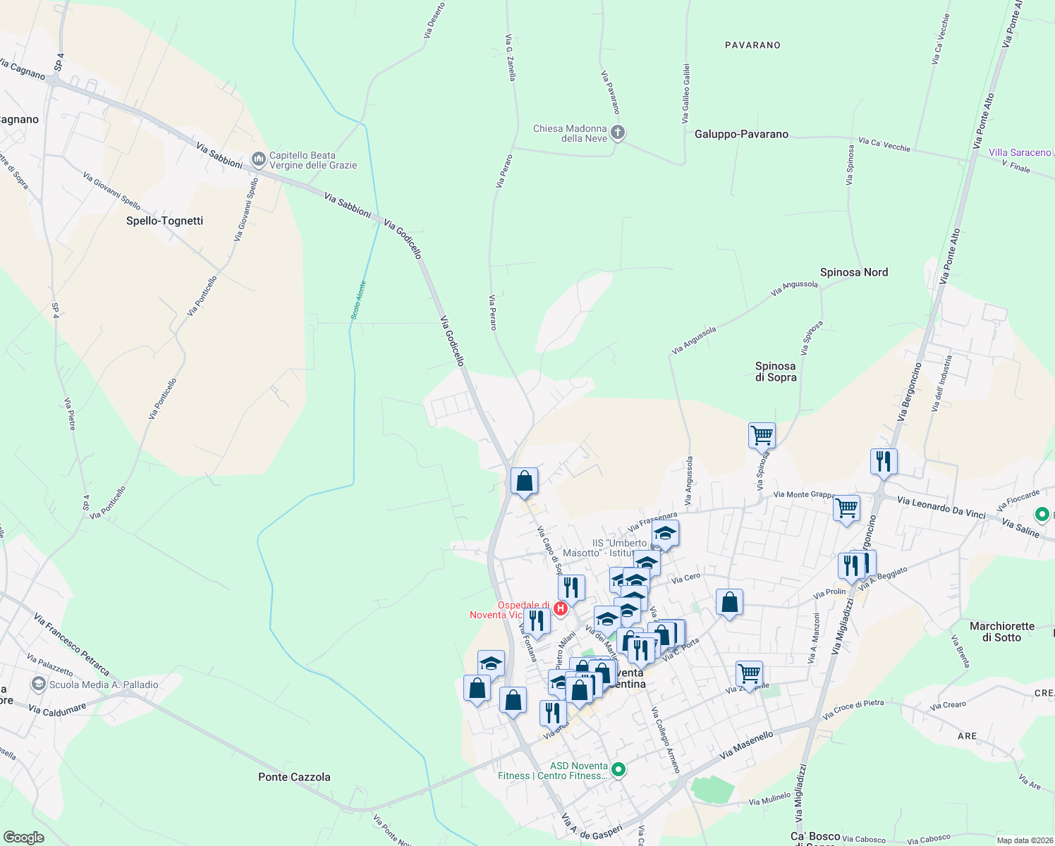 map of restaurants, bars, coffee shops, grocery stores, and more near 43/B Via Peraro in Noventa Vicentina