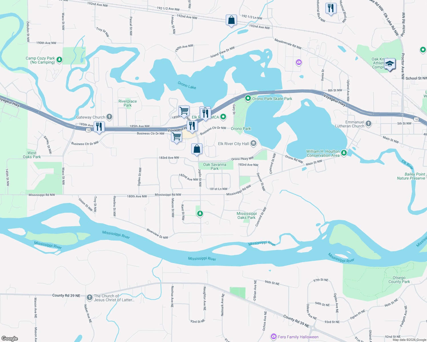 map of restaurants, bars, coffee shops, grocery stores, and more near 13323 182nd Lane Northwest in Elk River