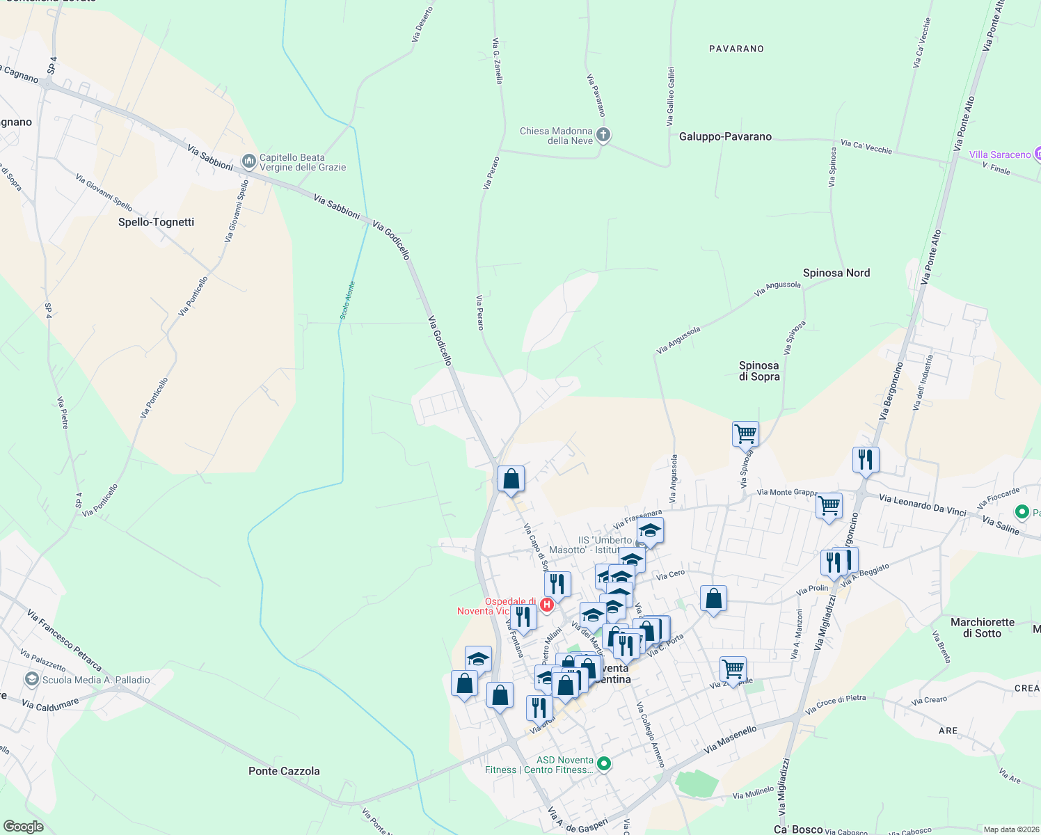 map of restaurants, bars, coffee shops, grocery stores, and more near 43/B Via Peraro in Noventa Vicentina