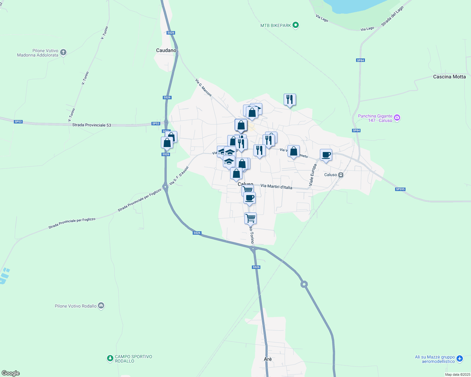 map of restaurants, bars, coffee shops, grocery stores, and more near 241 Corso Torino in Caluso