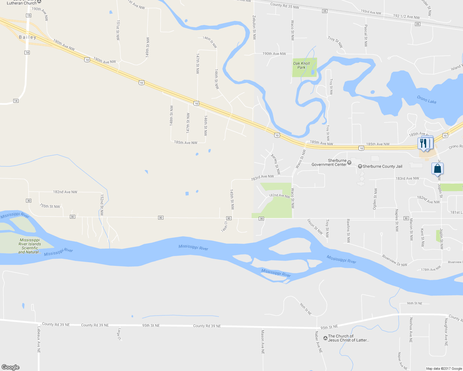 map of restaurants, bars, coffee shops, grocery stores, and more near 18281 145th Street Northwest in Elk River